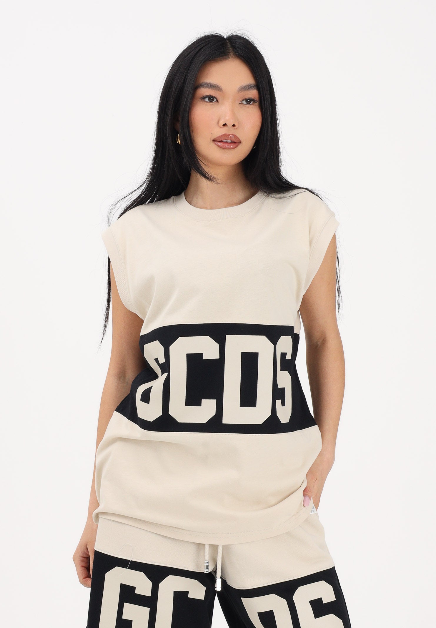 GCDS Canotta beige per uomo e donna con stampa logo Z0MLQC104J101 316B GCDS 