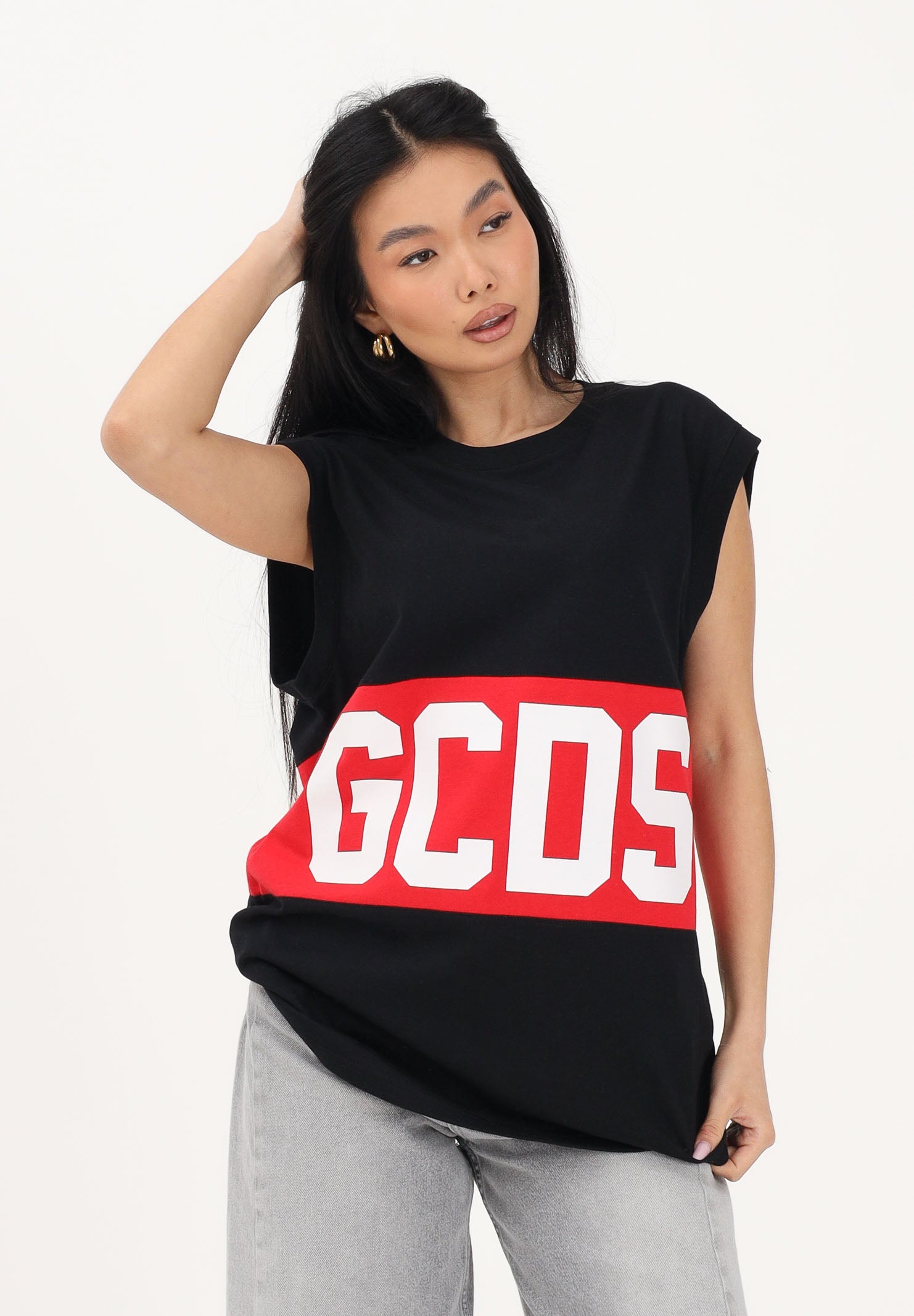 GCDS Canotta nera per uomo e donna con stampa logo Z0MLQC104J101 999R GCDS 