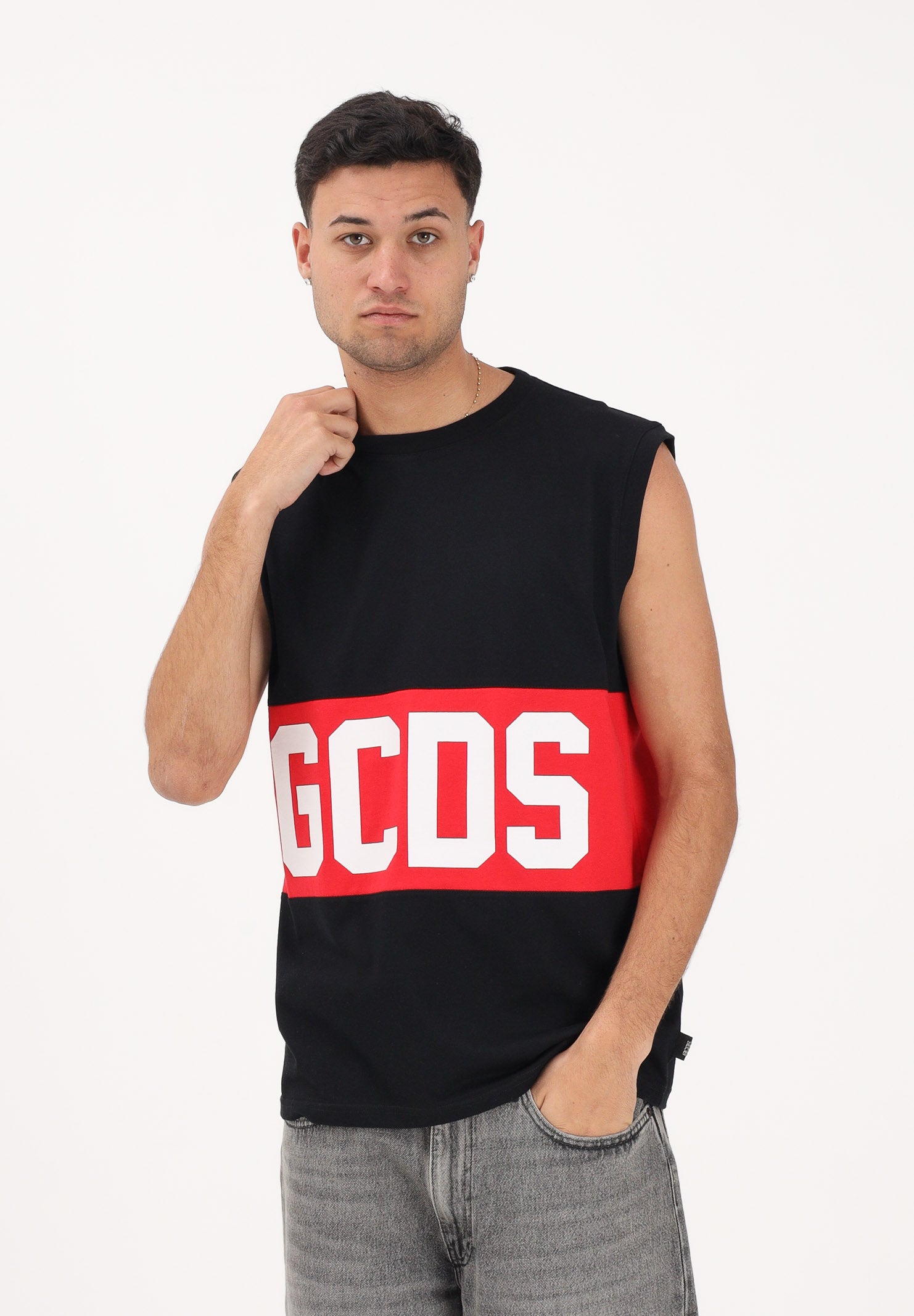 GCDS Canotta nera per uomo e donna con stampa logo Z0MLQC104J101 999R GCDS 
