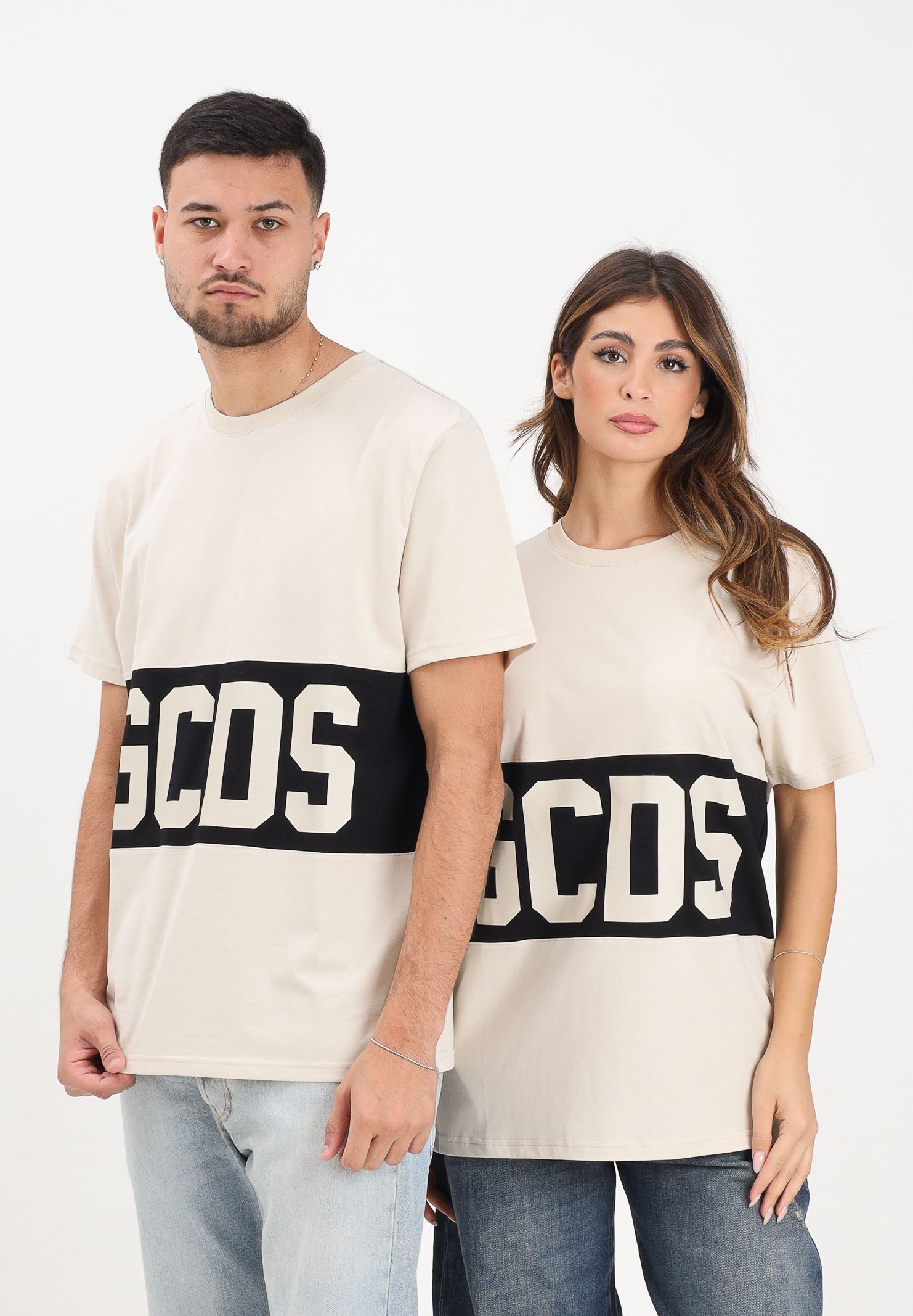 GCDS T-shirt a manica corta beige per uomo e donna con logo Z0MLQC140J101 316B GCDS 