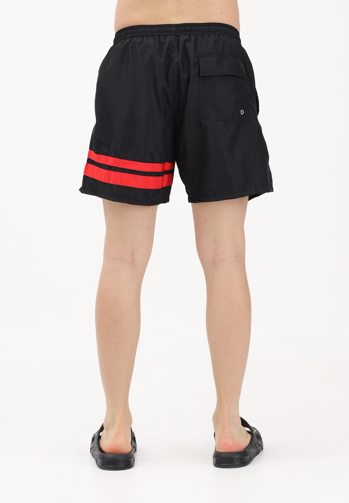 GCDS Shorts mare nero da uomo con bande rosse e logo Z0MLQS329T074 999R GCDS 