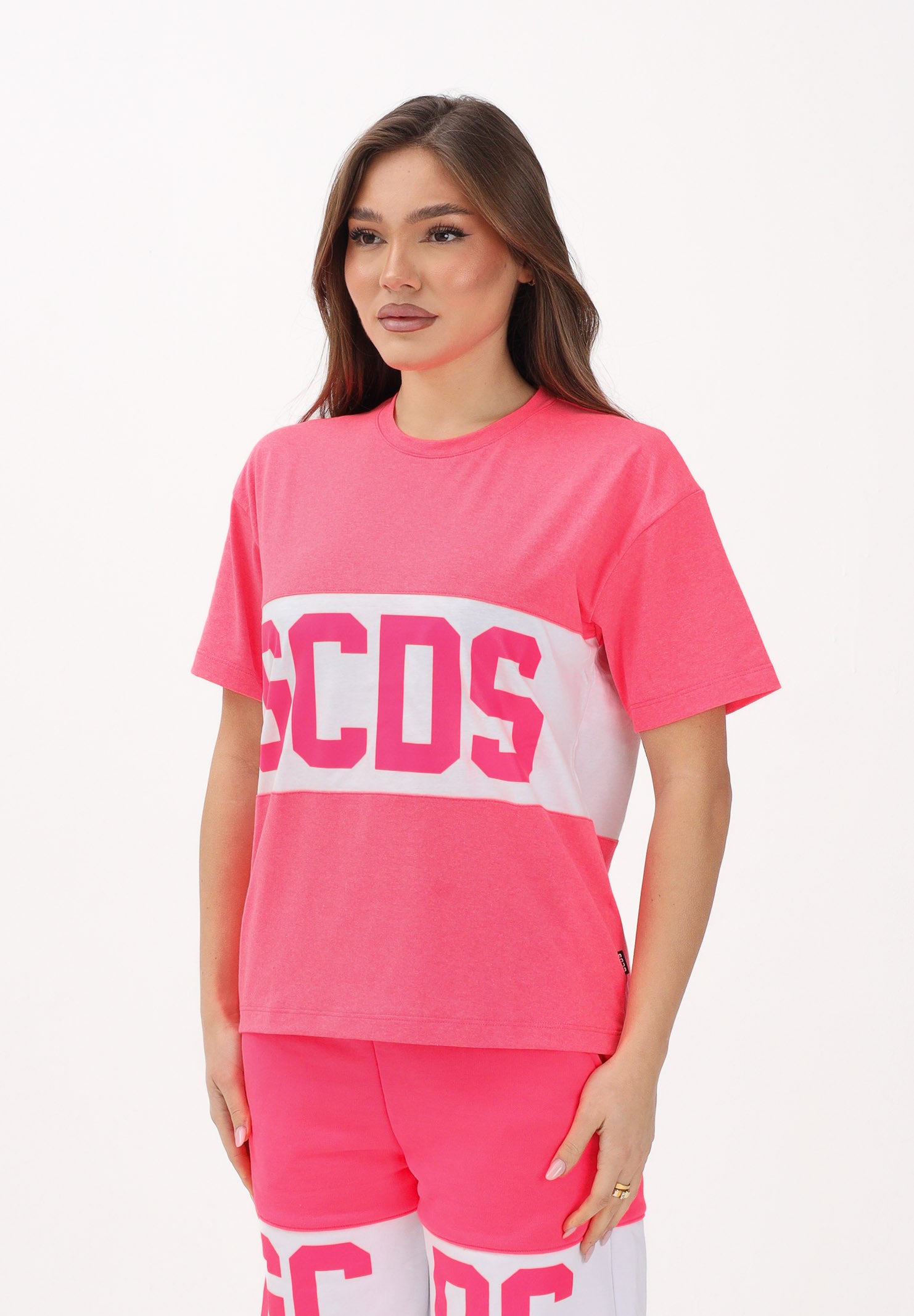 GCDS T-shirt a manica corta fucsia per donna, ragazze e bambine con logo Z0UJQC585J105 566A GCDS 