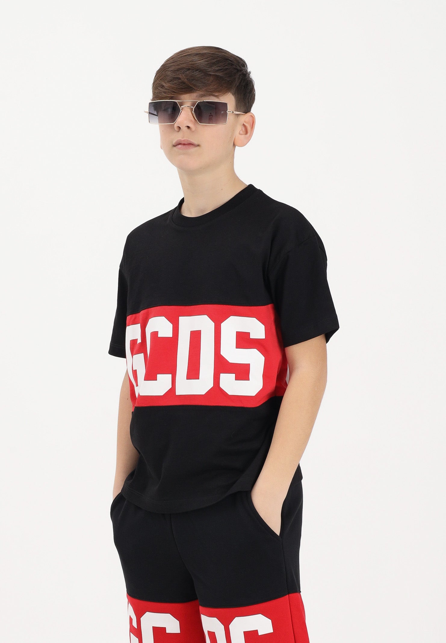 GCDS T-shirt a manica corta nera per donna, ragazzi e bambini con stampa logo Z0UJQC585J105 999R GCDS 