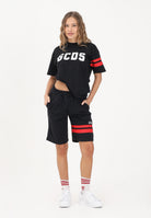 GCDS Shorts sportivo nero per donna, ragazzi e bambini con logo e bande rosse Z0UJQL594F004 999R GCDS 