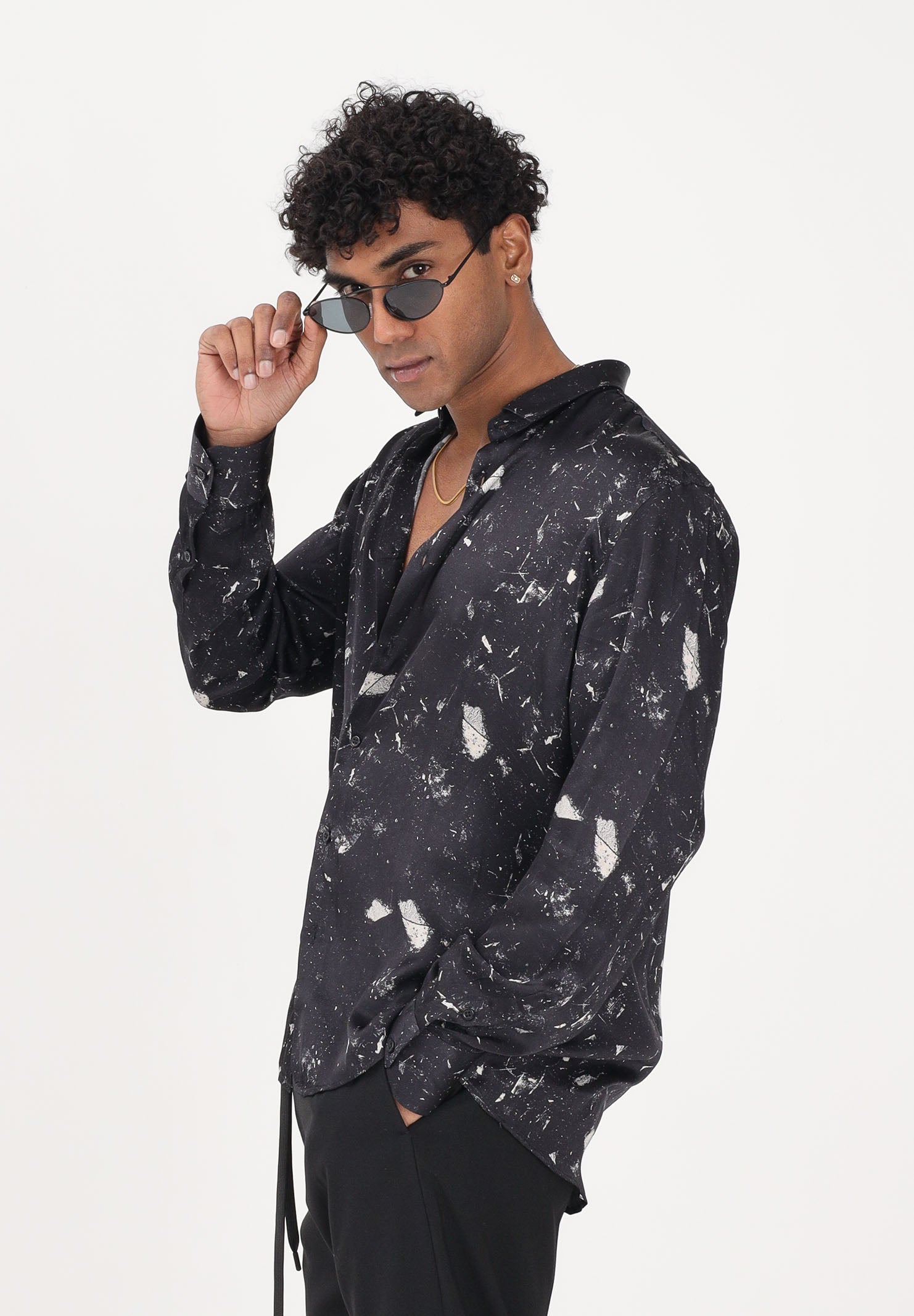 I'M BRIAN Camicia a manica lunga nera da uomo con stampa effetto splatter CA3618 0028 I'M BRIAN 