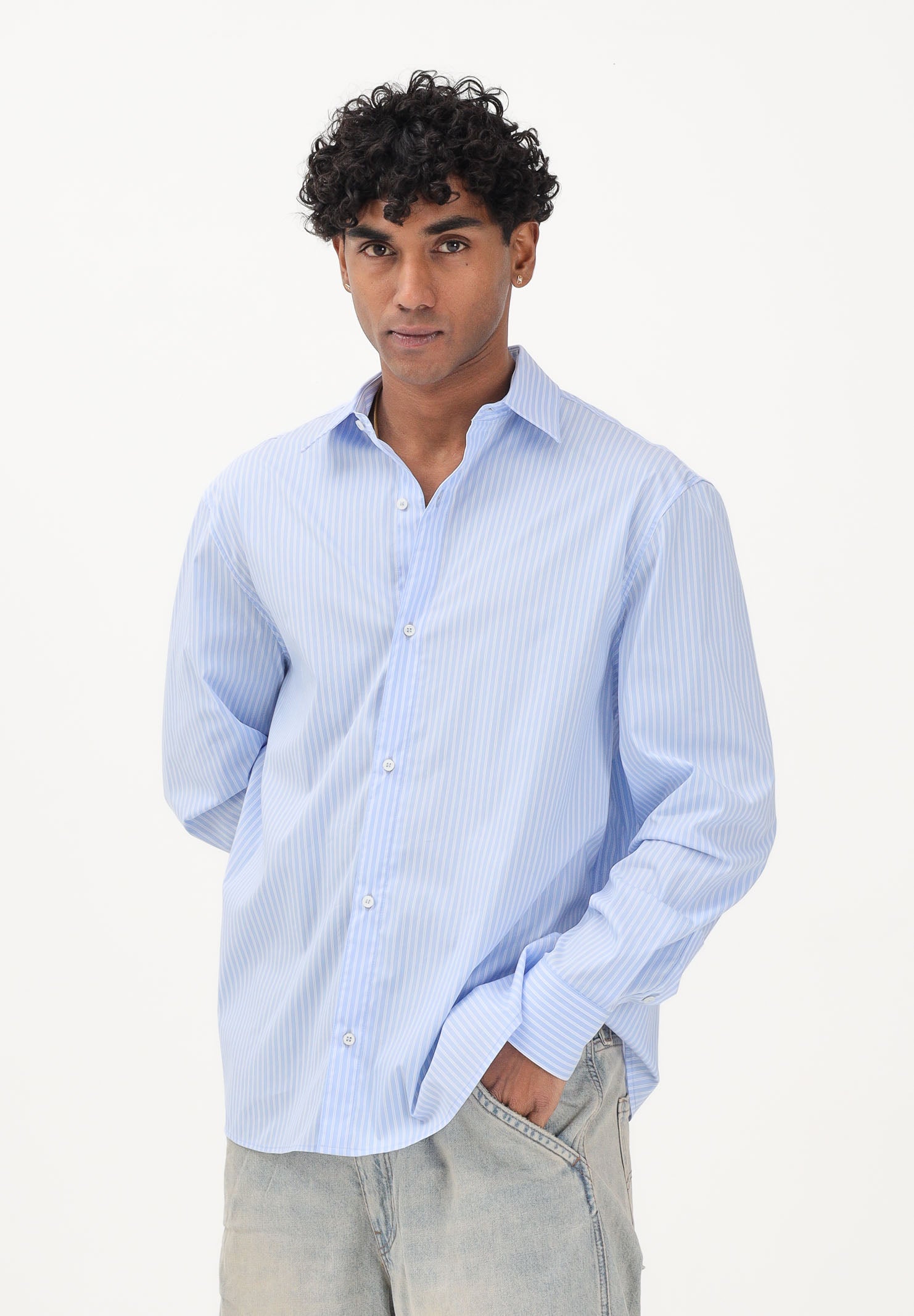 I'M BRIAN Camicia a manica lunga azzurra da uomo con motivo a righe CA3630 CEL I'M BRIAN 