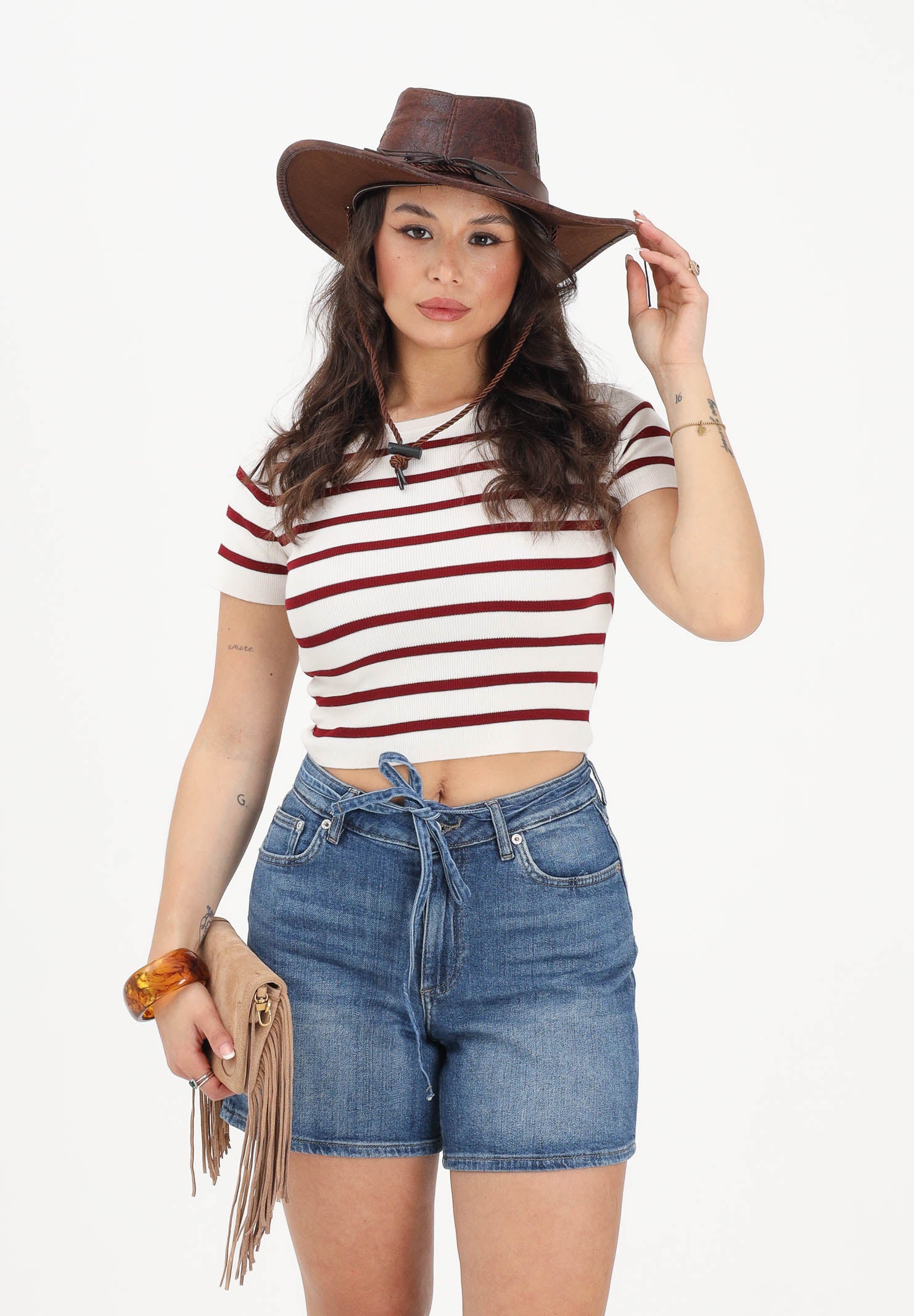 JDY Top a manica corta da donna con motivo a righe panna e bordeaux 15294790 CLDARU JDY 