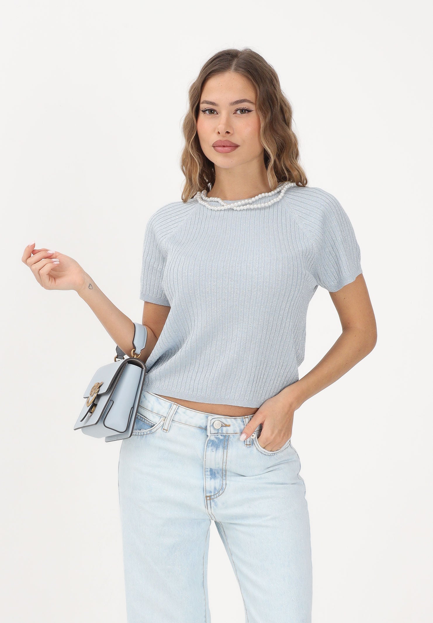JDY Maglia girocollo azzurra da donna in filo 15334641 CABLW JDY 