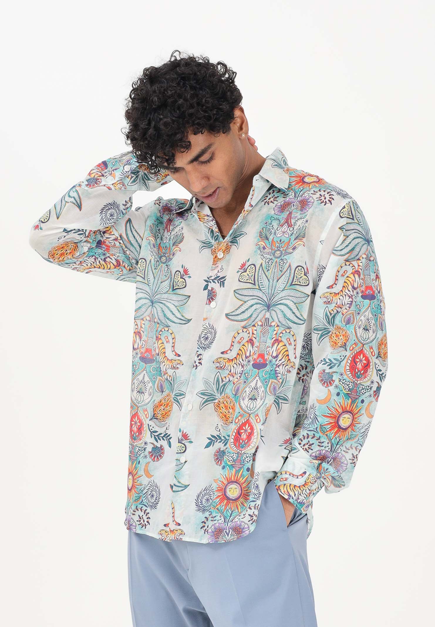 JUST CAVALLI Camicia a manica lunga azzurra da uomo con stampa all-over 80OAL210NS780 217 JUST CAVALLI 