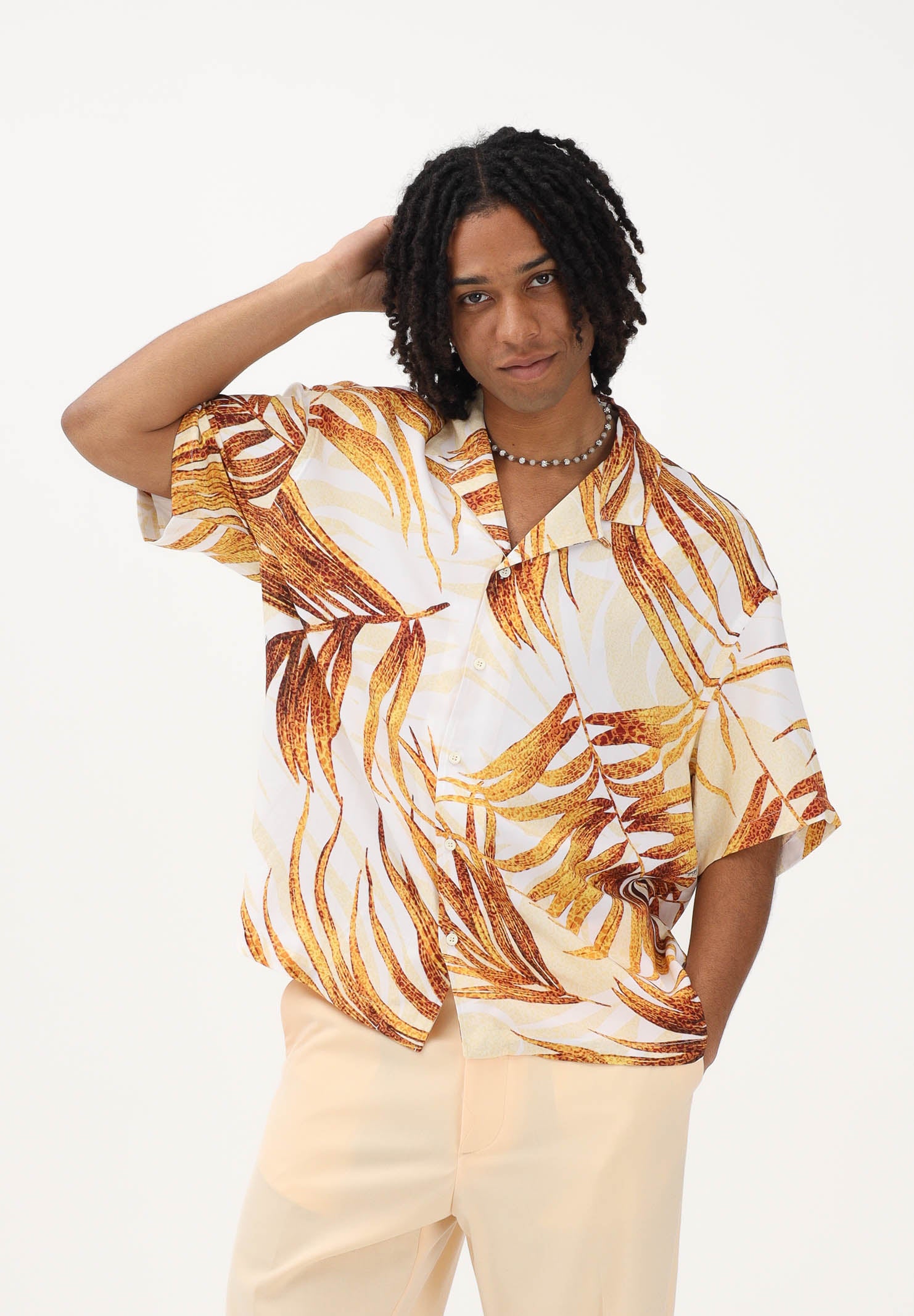 JUST CAVALLI Camicia a manica corta panna da uomo con stampa tropicale 80OALF01CNF05 R79 JUST CAVALLI 