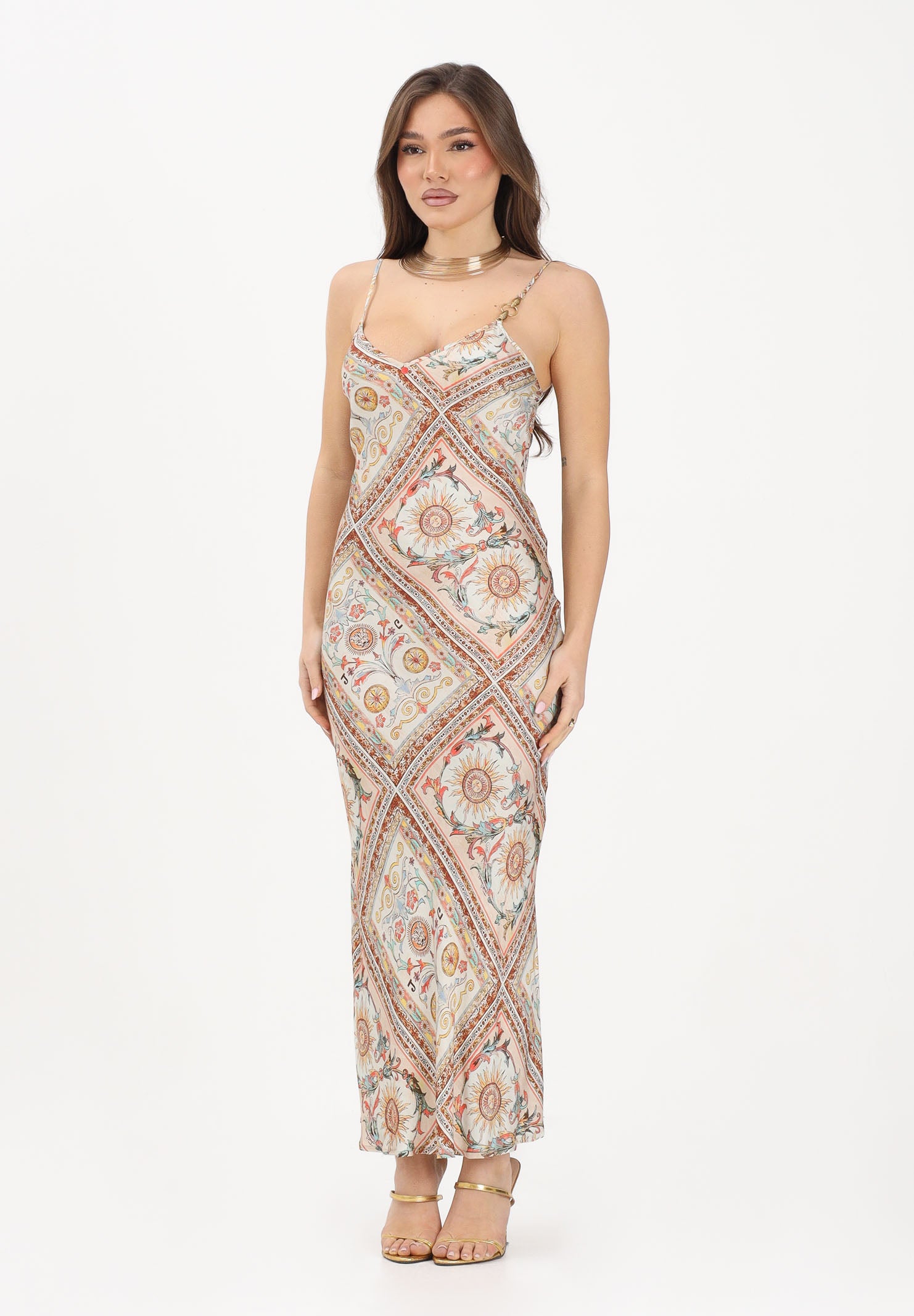 JUST CAVALLI Abito midi beige da donna con stampa ornamentale 80PAO925NS779 774 JUST CAVALLI 