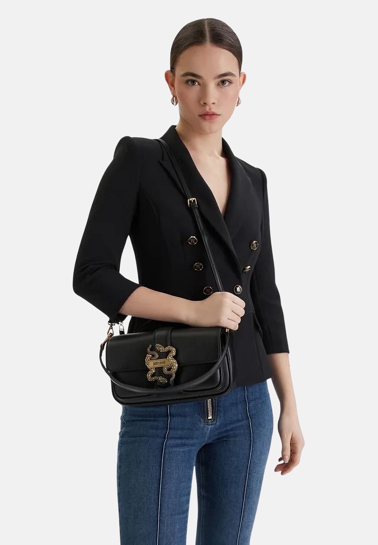 JUST CAVALLI Borsa a spalla nera da donna con fibbia logo 80RA4BA2ZSA89 899 JUST CAVALLI 
