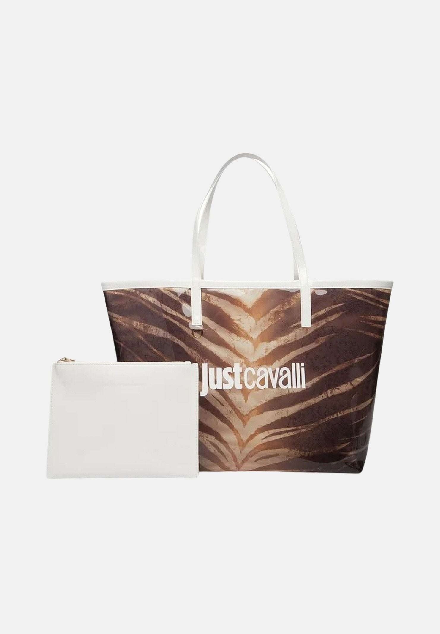 JUST CAVALLI Borsa mare marrone e bianca da donna con stampa animalier zebrata 80RA4BS2ZSB94 R83 JUST CAVALLI 