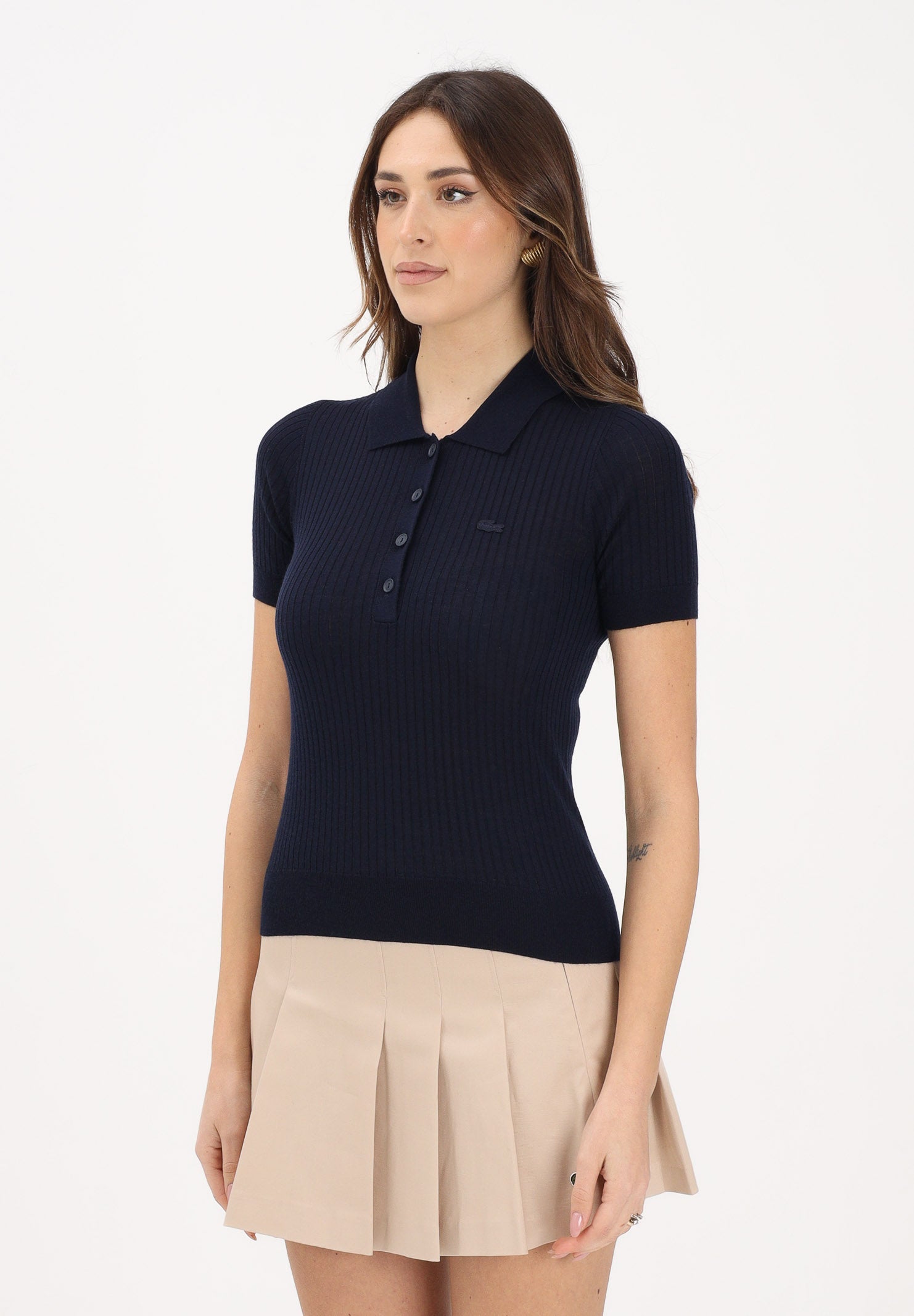 LACOSTE Polo in maglia blu da donna a coste 3D AF9984 166 LACOSTE 