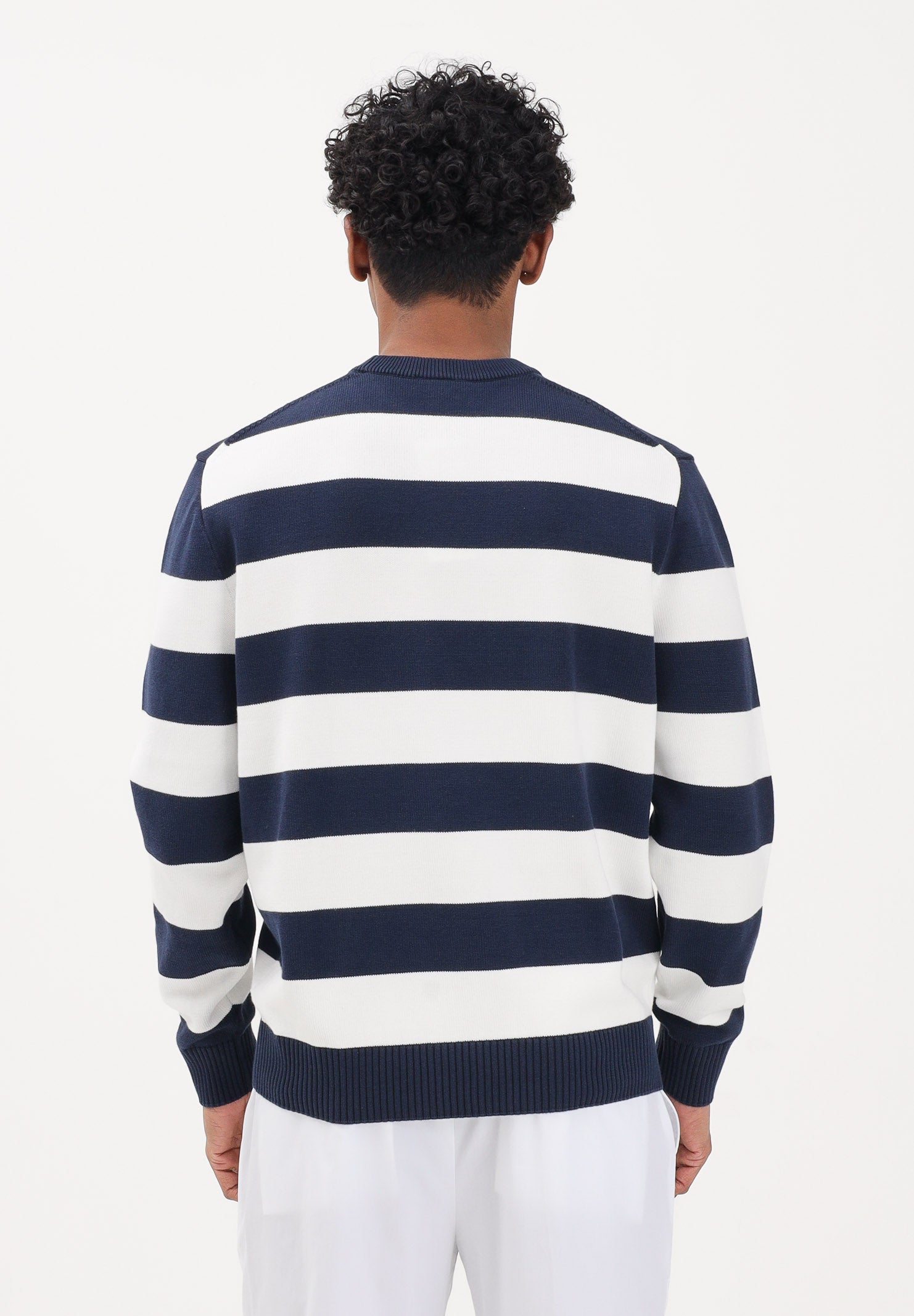 LACOSTE Maglioncino girocollo bianco e blu da uomo con motivo a righe vistose AH0608 HHW LACOSTE 
