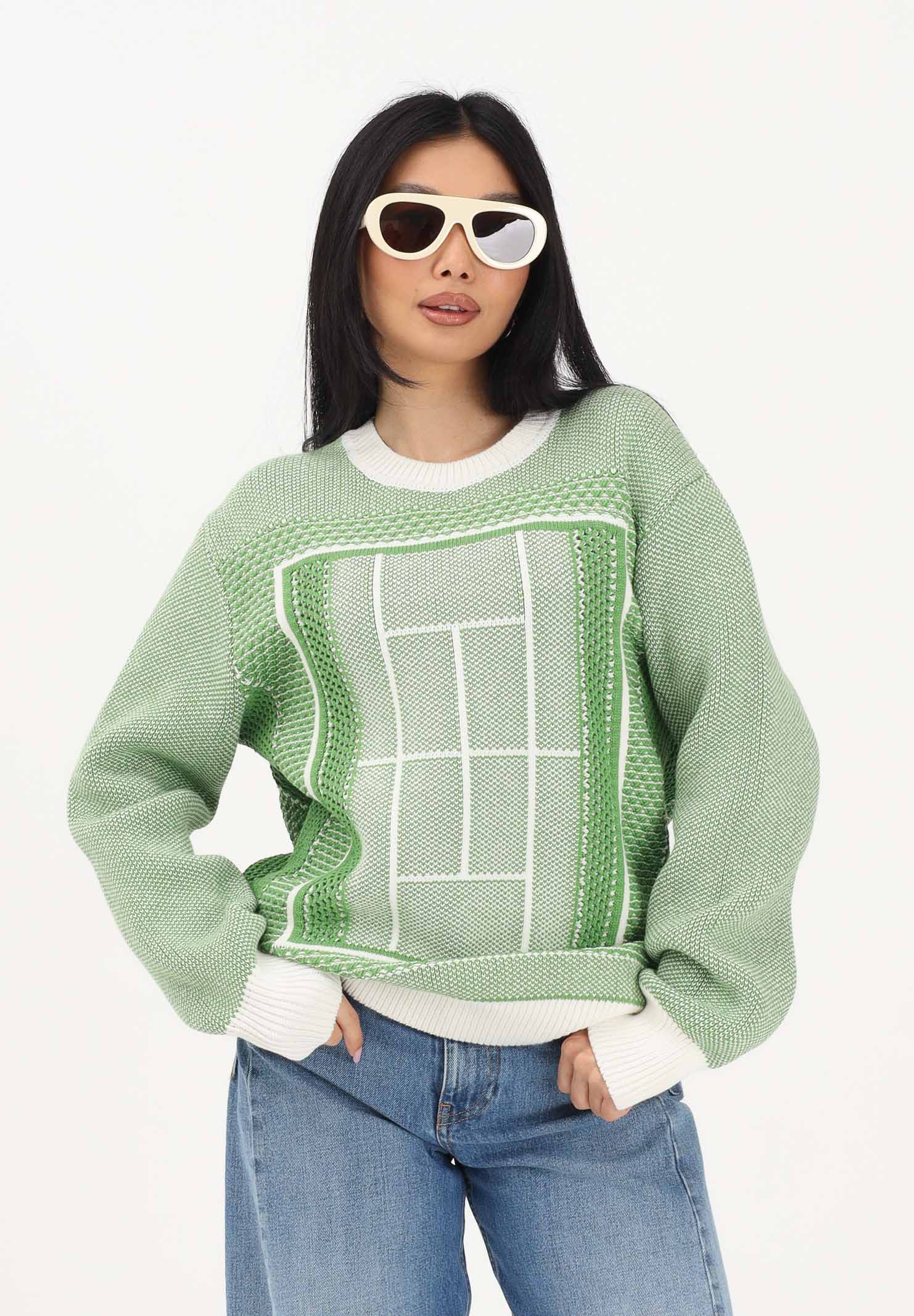 LACOSTE Maglione girocollo bianco e verde per uomo e donna con grafica campo da tennis AH0619 4SI LACOSTE 