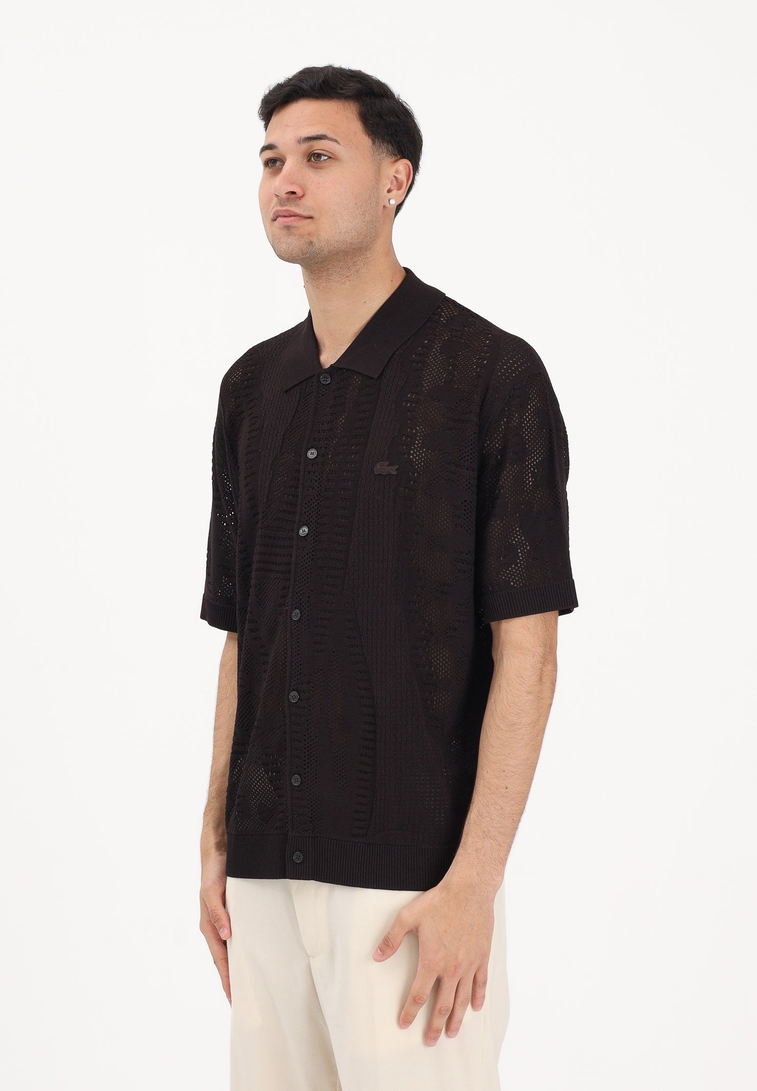 LACOSTE Cardigan marrone da uomo in maglia di pizzo AH0796 3LA LACOSTE 