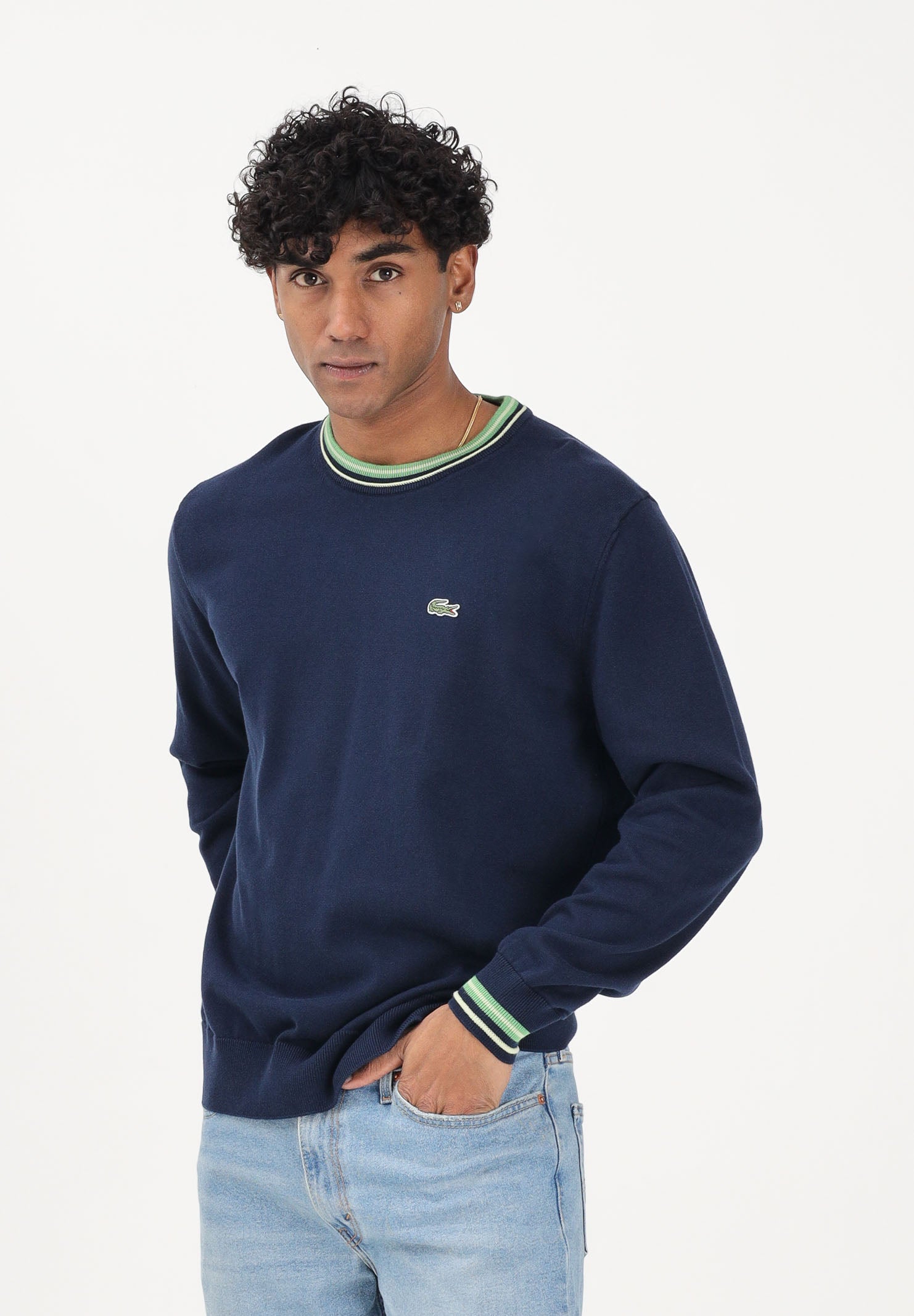 LACOSTE Maglioncino girocollo blu da uomo in jersey di cotone a righe AH5158 20I LACOSTE 