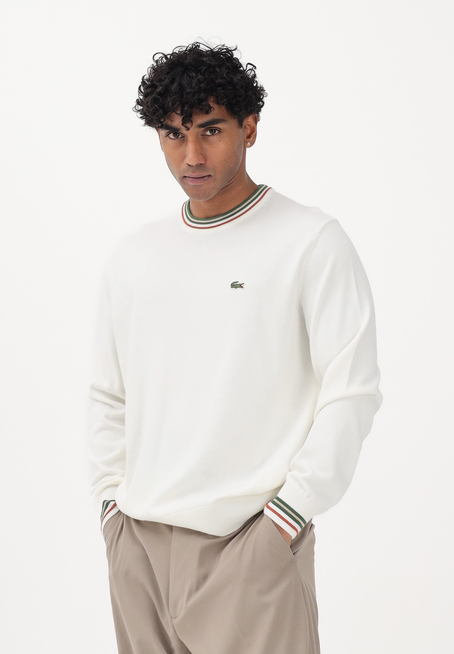LACOSTE Maglioncino girocollo panna da uomo in jersey di cotone a righe AH5158 X0N LACOSTE 
