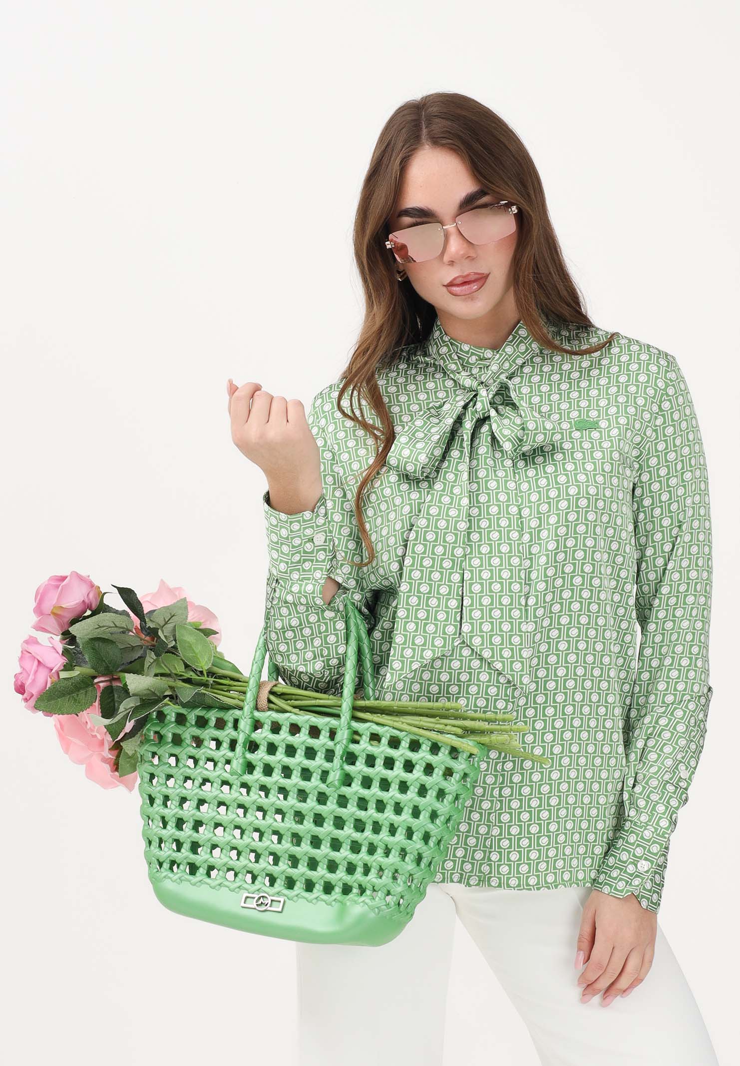 LACOSTE Camicia a manica lunga bianca e verde da donna con collo annodato staccabile CF2626 4SI LACOSTE 