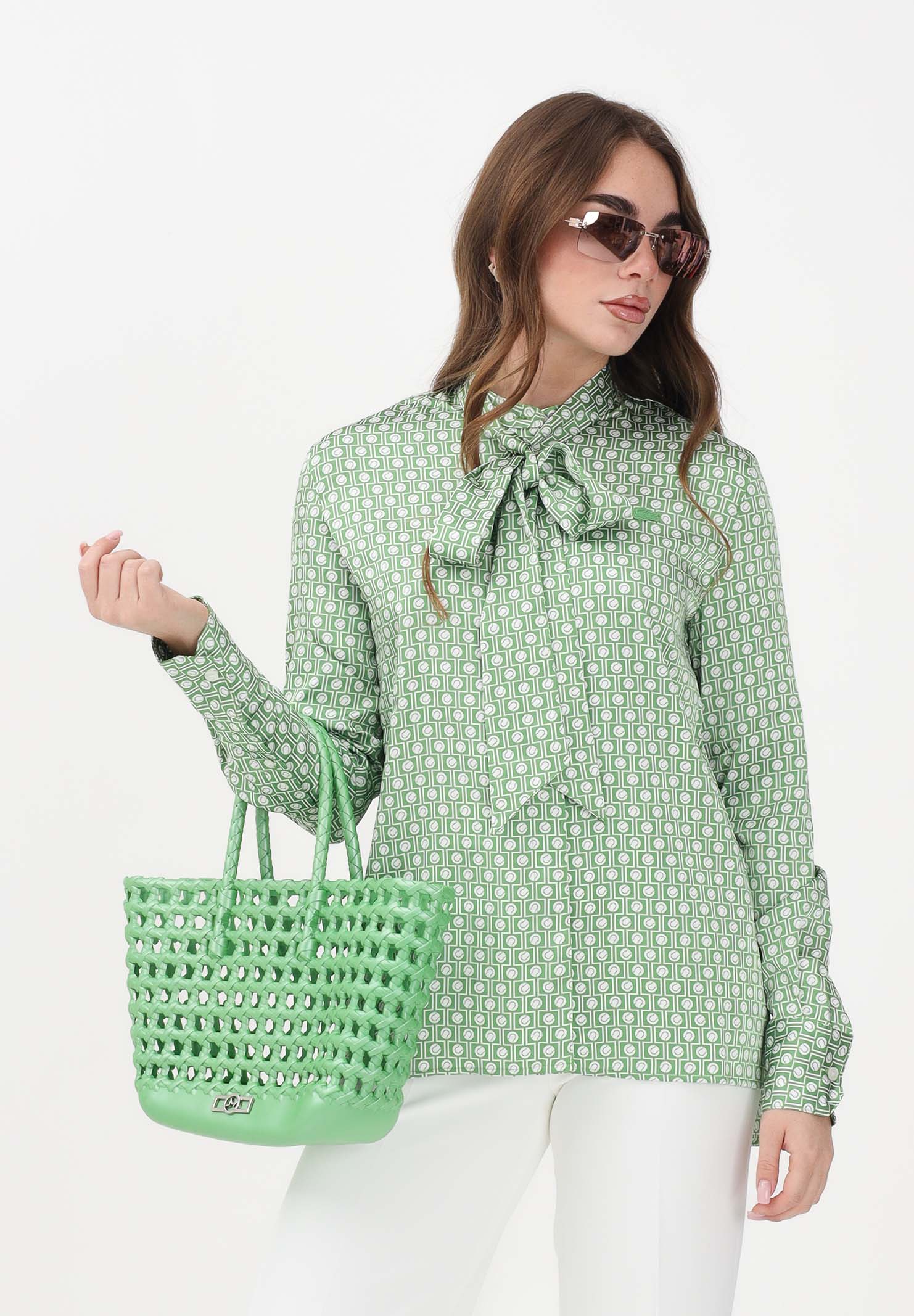 LACOSTE Camicia a manica lunga bianca e verde da donna con collo annodato staccabile CF2626 4SI LACOSTE 