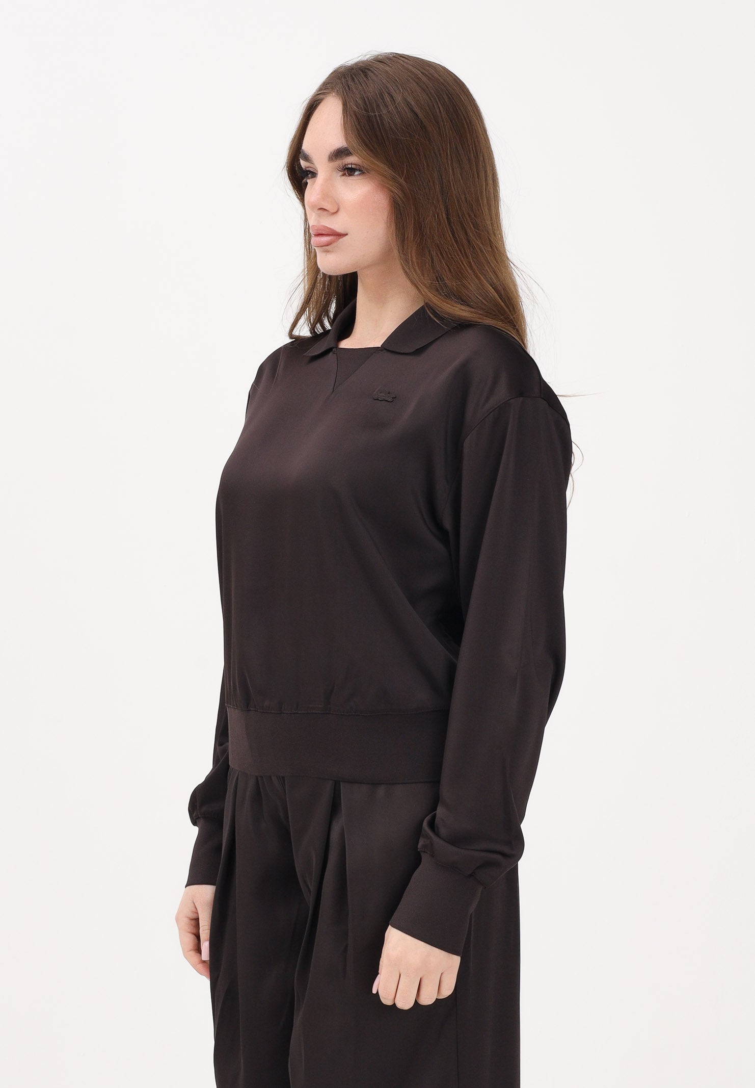 LACOSTE Polo a manica lunga in raso marrone da donna CF9802 3LA LACOSTE 