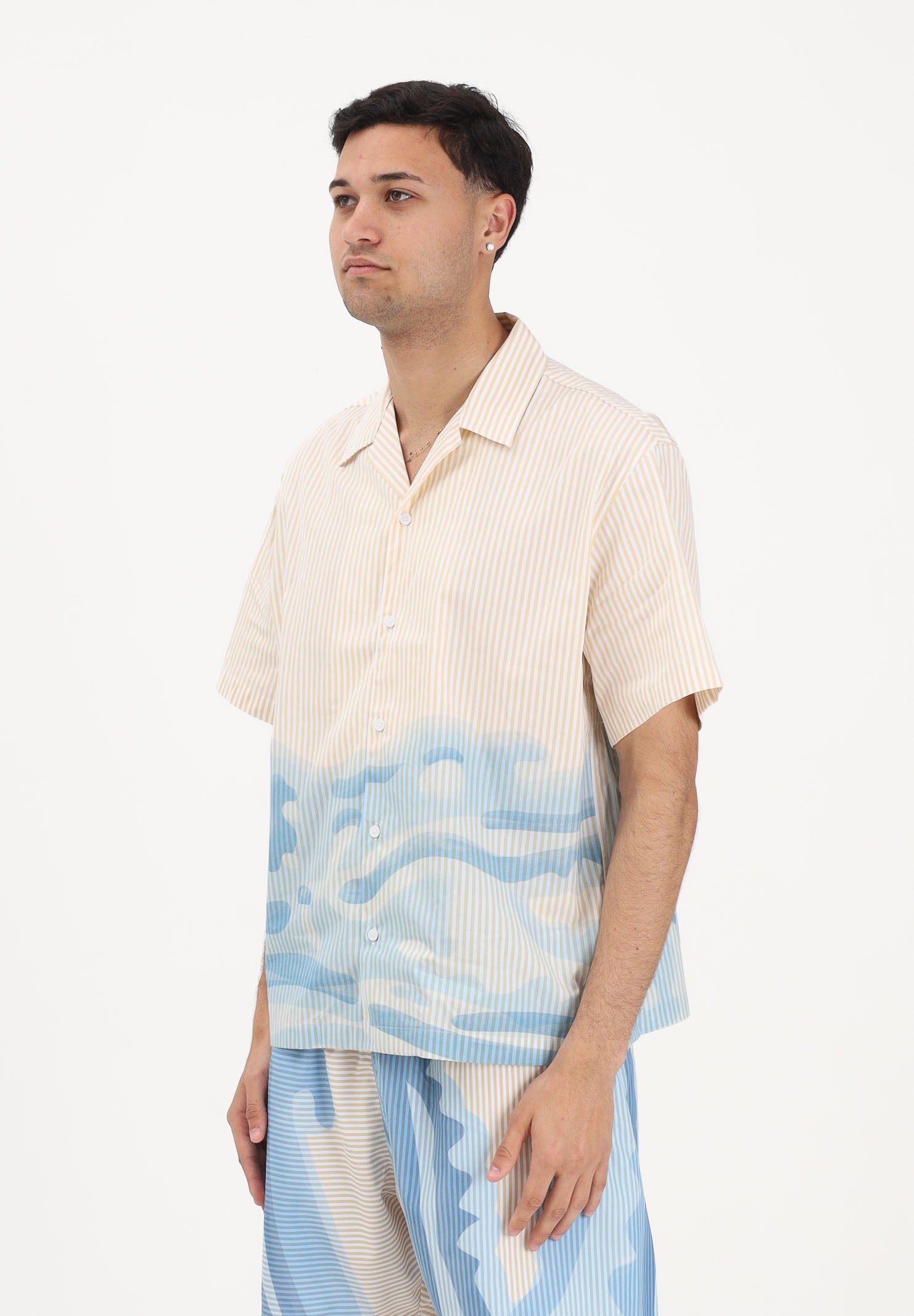 LACOSTE Camicia a manica corta panna e azzurra da uomo con stampa CH1995 3IY LACOSTE 