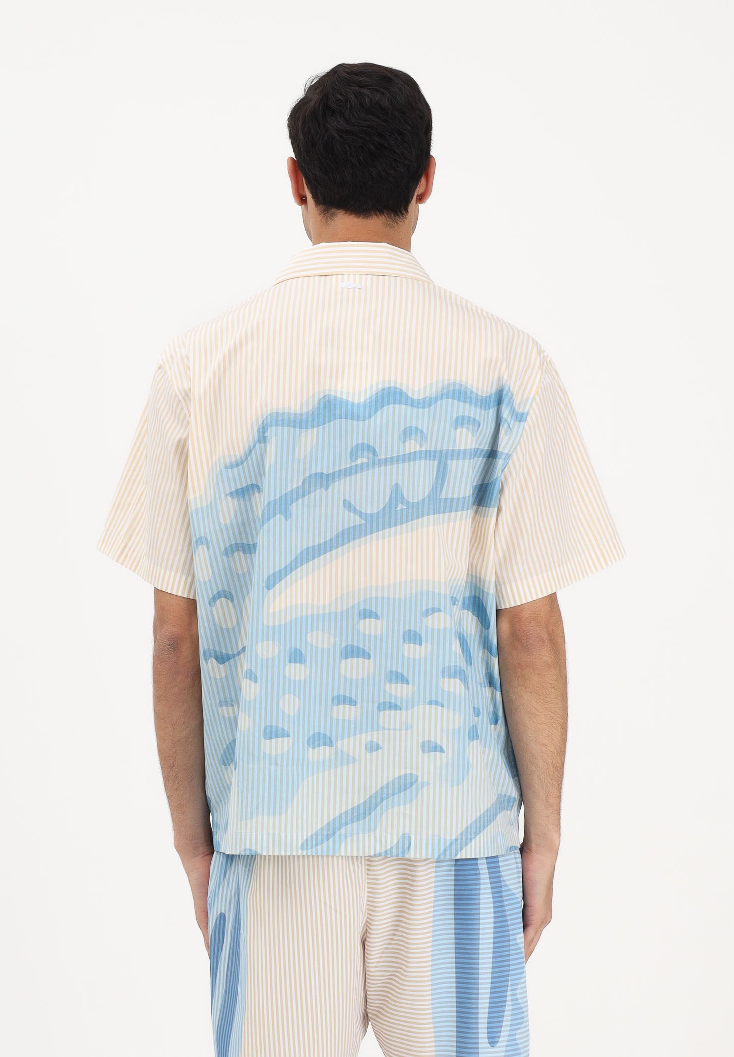 LACOSTE Camicia a manica corta panna e azzurra da uomo con stampa CH1995 3IY LACOSTE 