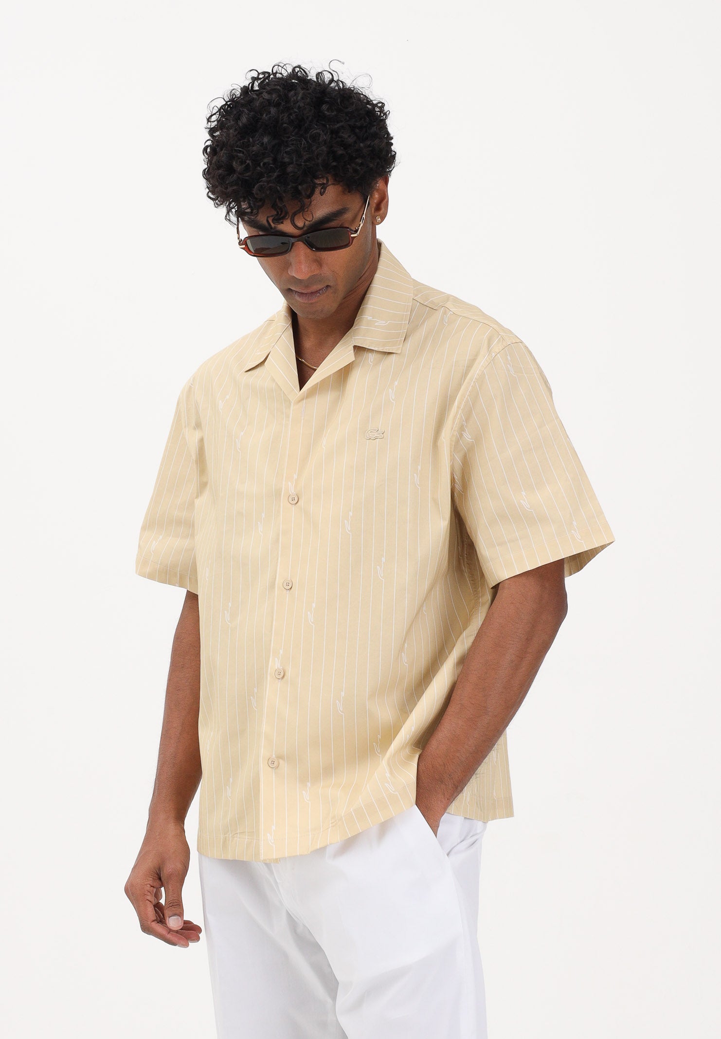 LACOSTE Camicia a manica corta gialla da uomo in twill stampata CH2343 2IU LACOSTE 