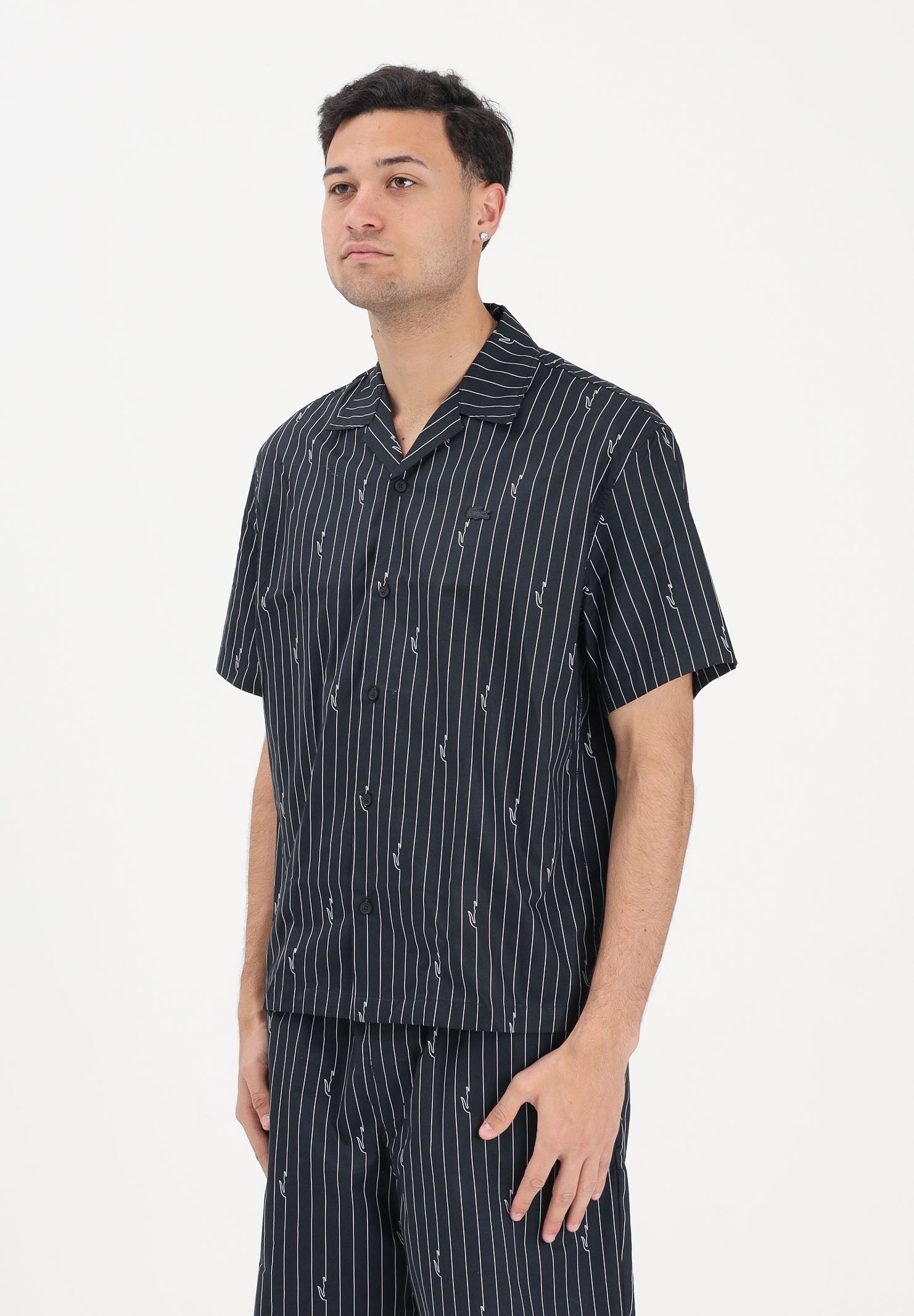 LACOSTE Camicia a manica corta nera da uomo in twill stampata CH2343 IY8 LACOSTE 