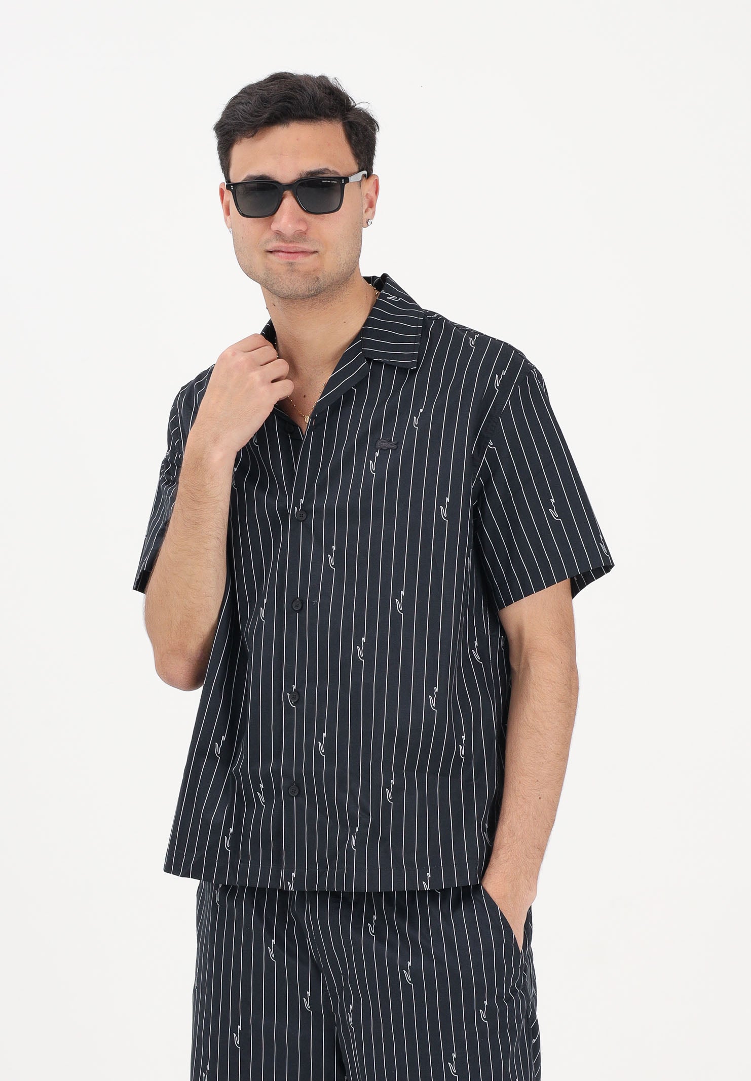 LACOSTE Camicia a manica corta nera da uomo in twill stampata CH2343 IY8 LACOSTE 