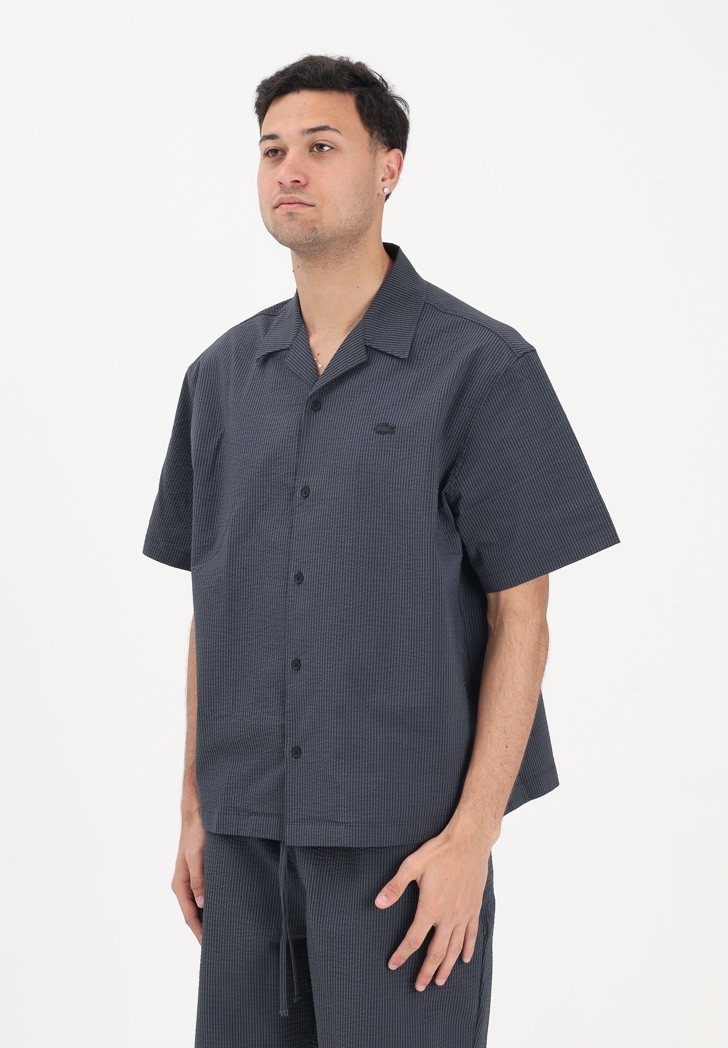 LACOSTE Camicia a manica corta nera da uomo in seersucker CH2355 4CI LACOSTE 