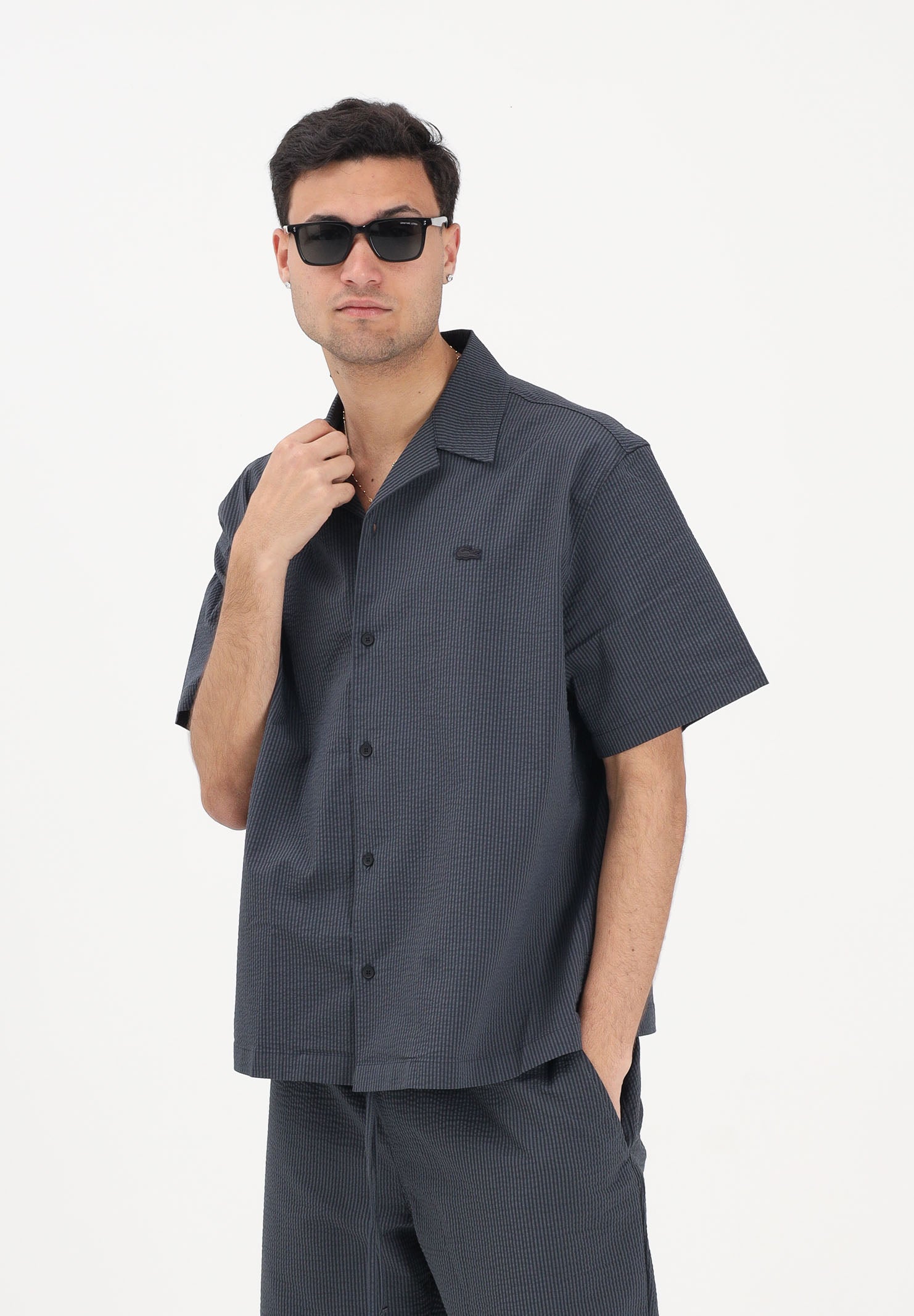 LACOSTE Camicia a manica corta nera da uomo in seersucker CH2355 4CI LACOSTE 