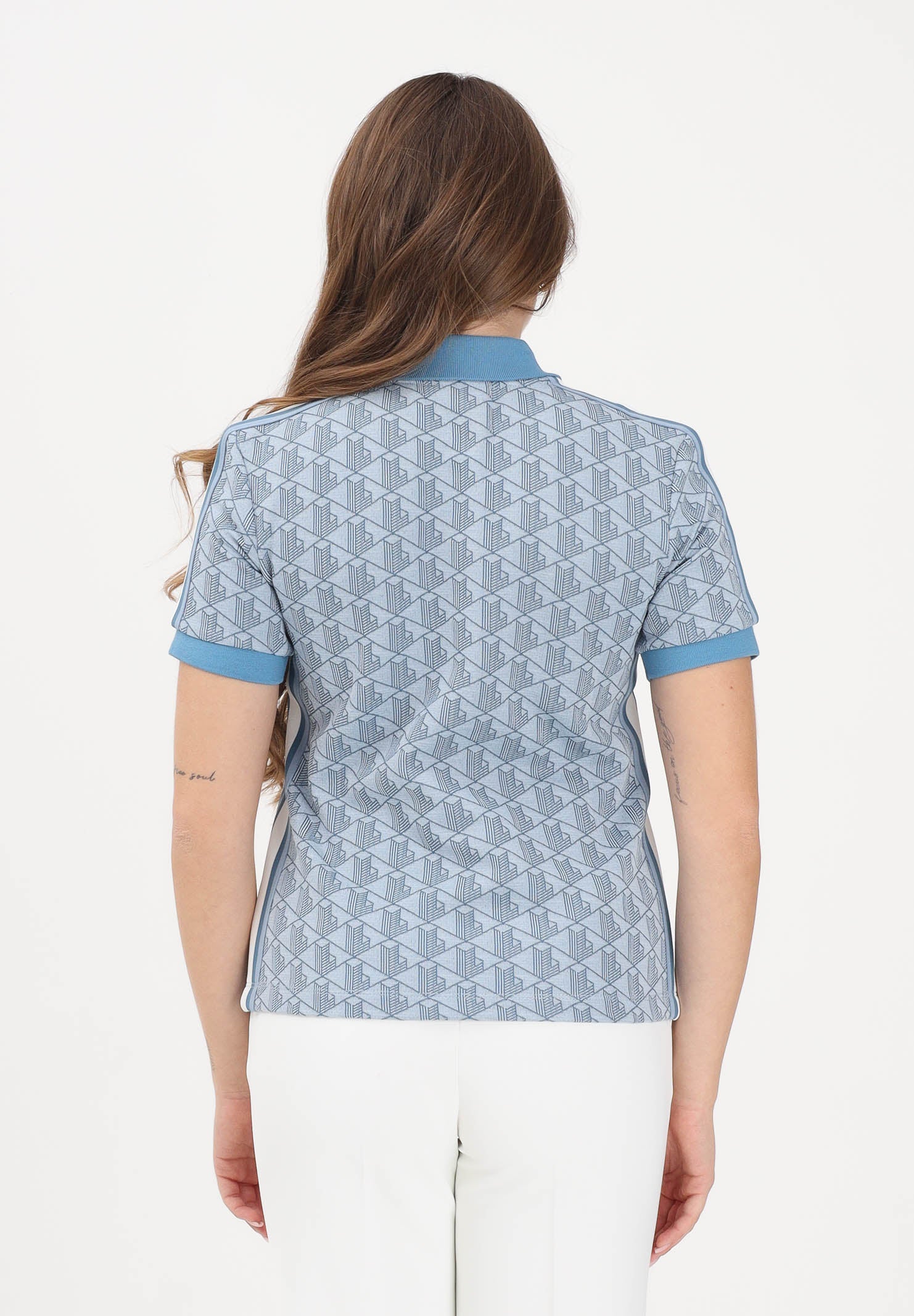 LACOSTE Polo a manica corta azzurra da donna con fantasia monogramma DF3364 1QI LACOSTE 