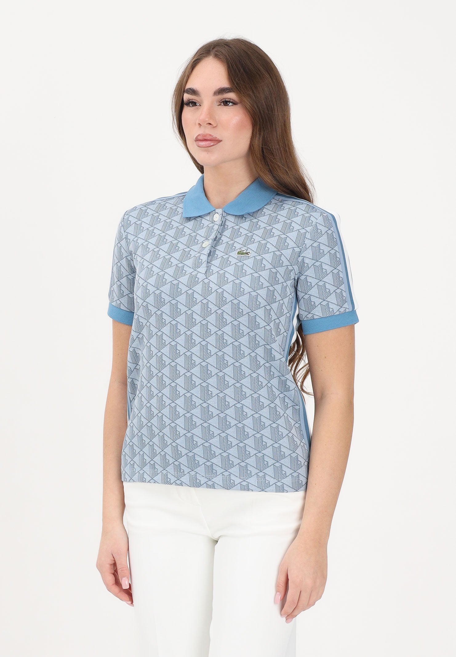 LACOSTE Polo a manica corta azzurra da donna con fantasia monogramma DF3364 1QI LACOSTE 