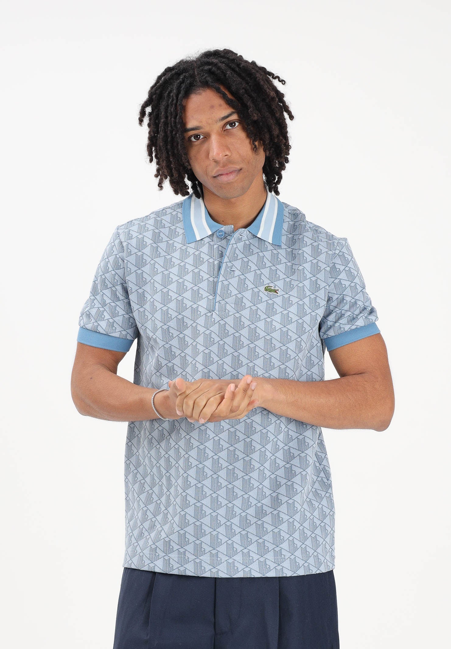 LACOSTE Polo a manica corta azzurra da uomo con motivo monogram DH1417 1QI LACOSTE 