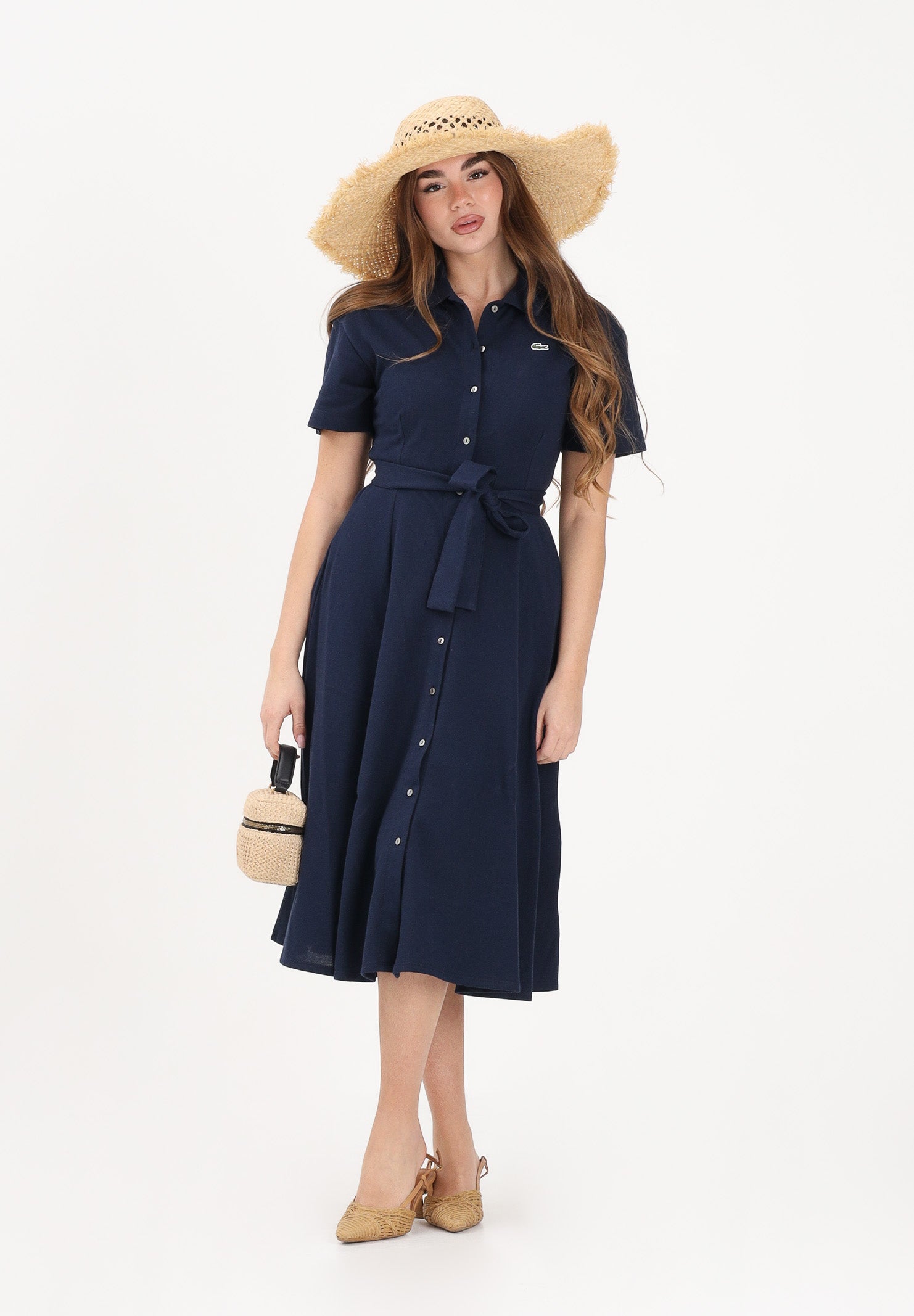 LACOSTE Abito midi blu da donna in mini piqué EF9621 166 LACOSTE 