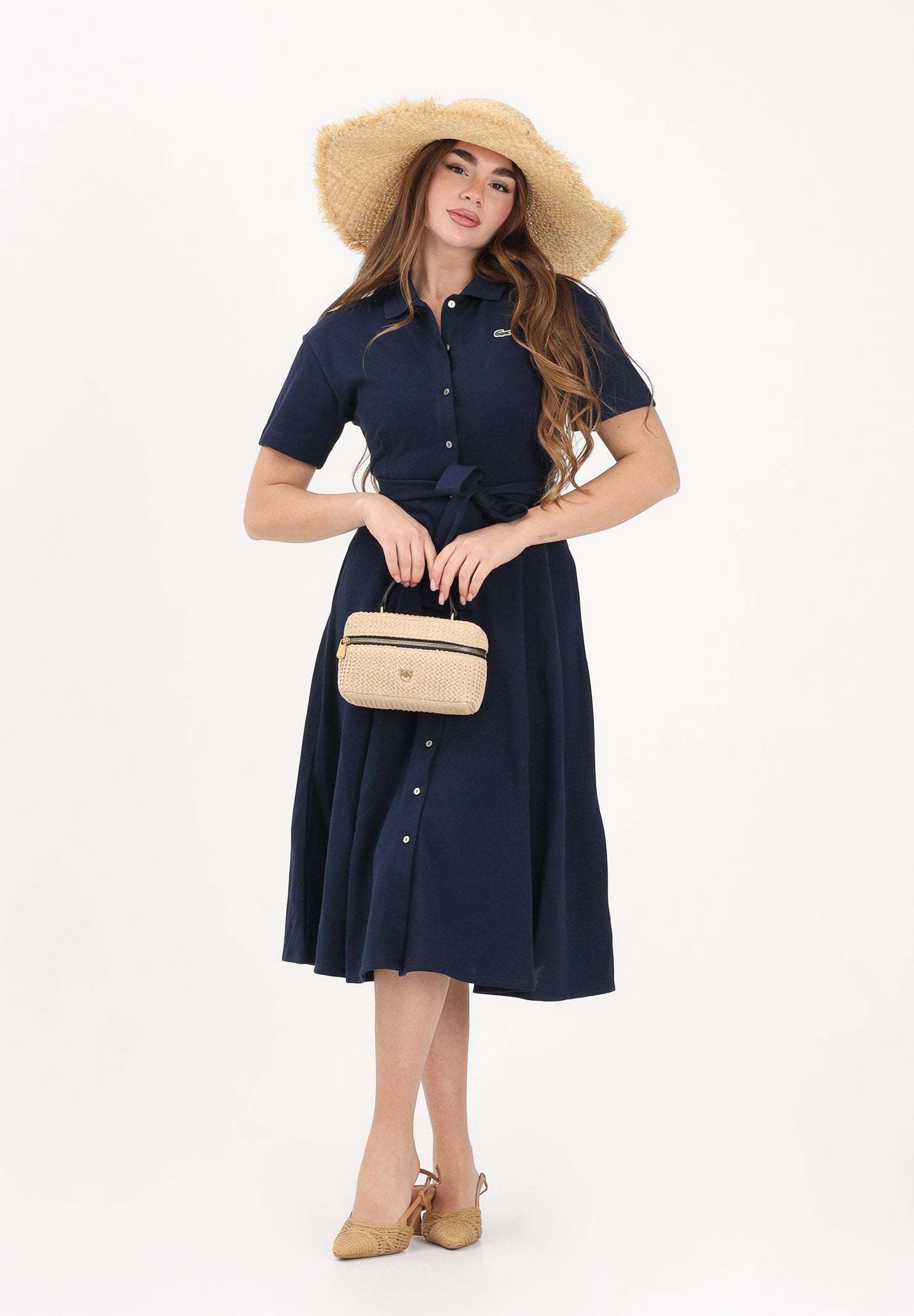 LACOSTE Abito midi blu da donna in mini piqué EF9621 166 LACOSTE 