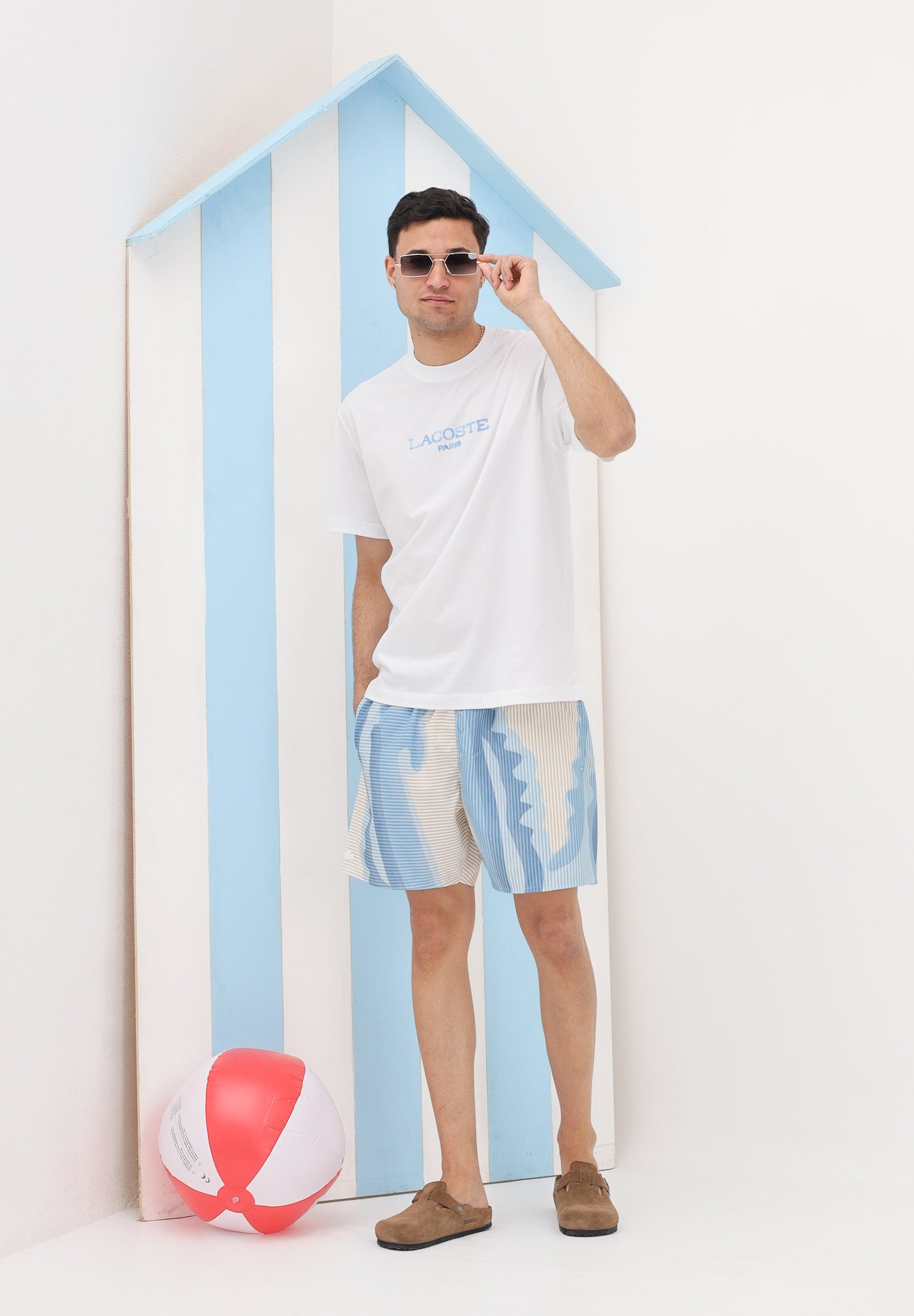 LACOSTE Shorts mare panna e azzurro da uomo con stampa MH1902 3IY LACOSTE 