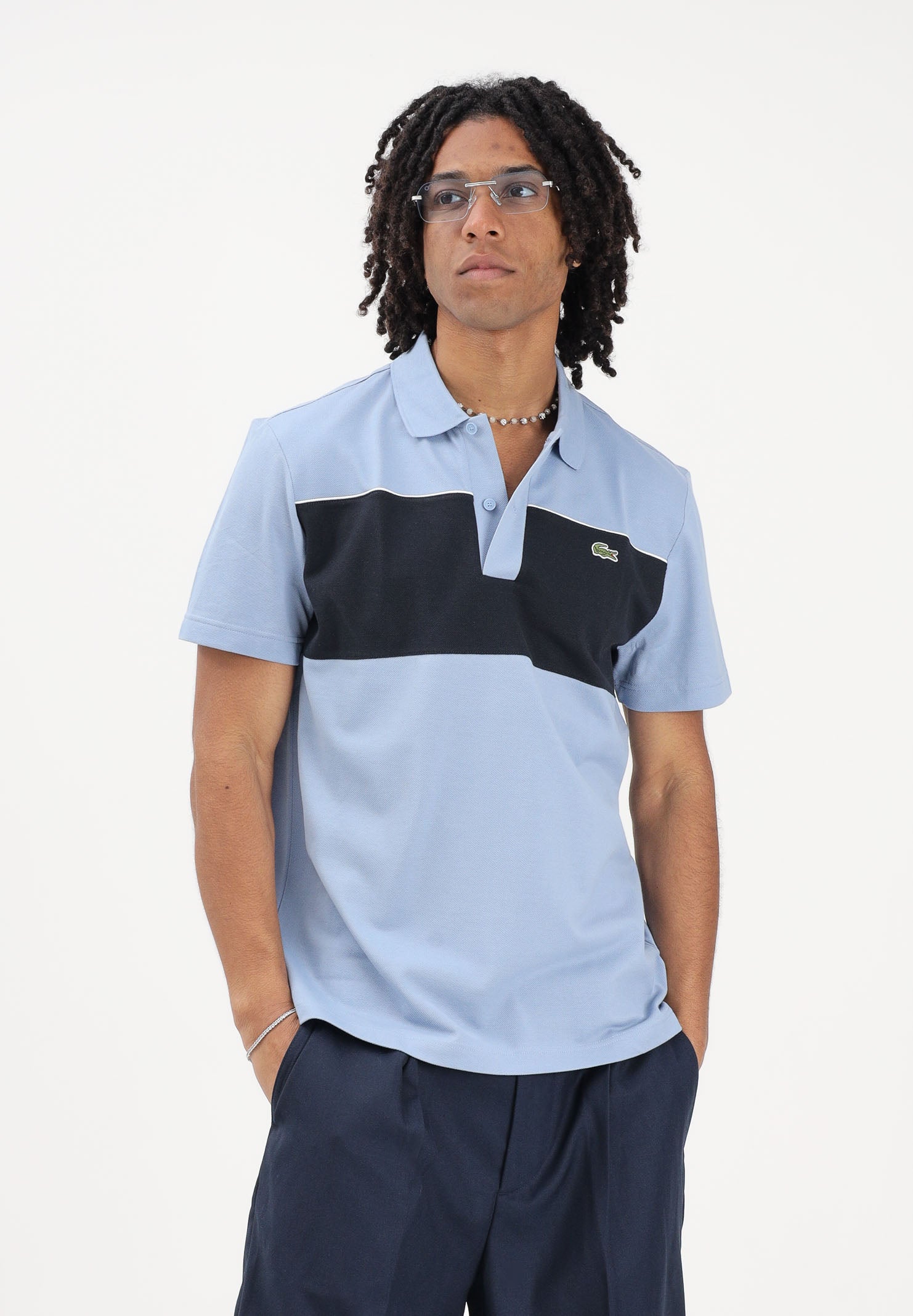 LACOSTE Polo a manica corta celeste e blu da uomo con motivo color block PH0895 3PT LACOSTE 
