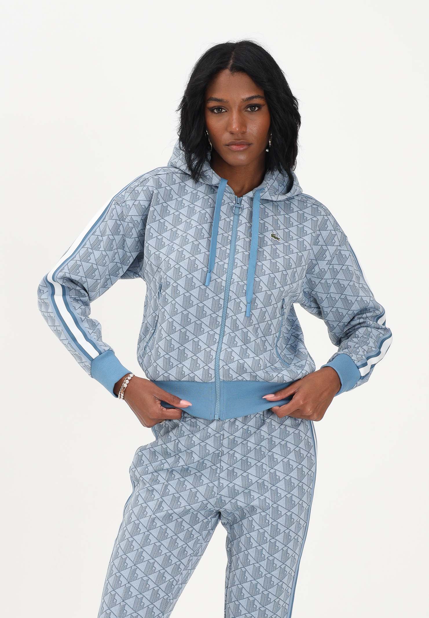 LACOSTE Felpa con zip azzurra da donna in jacquard con monogramma SF7606 1QI LACOSTE 