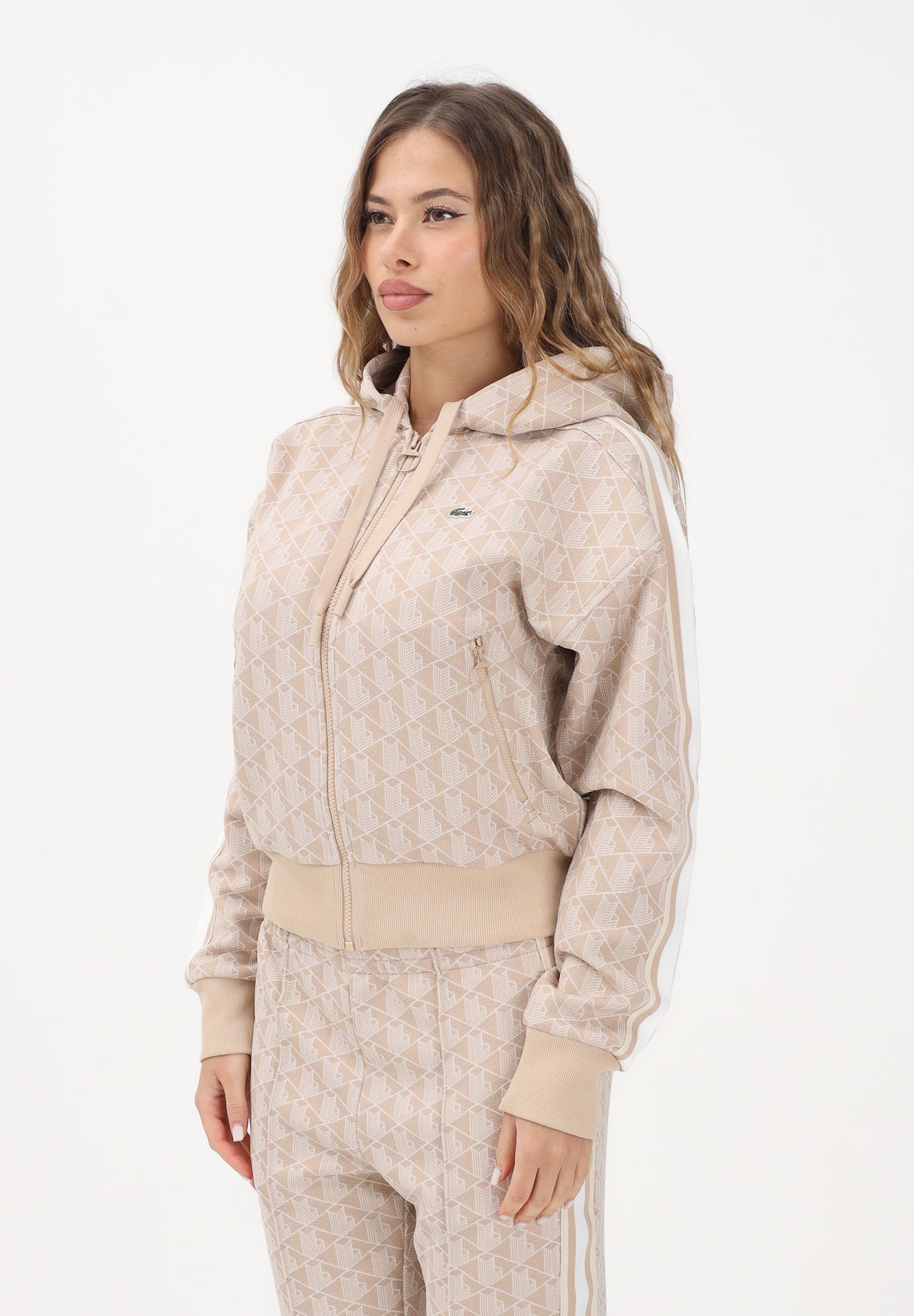 LACOSTE Felpa con zip beige da donna in jacquard con monogramma SF7606 8GI LACOSTE 