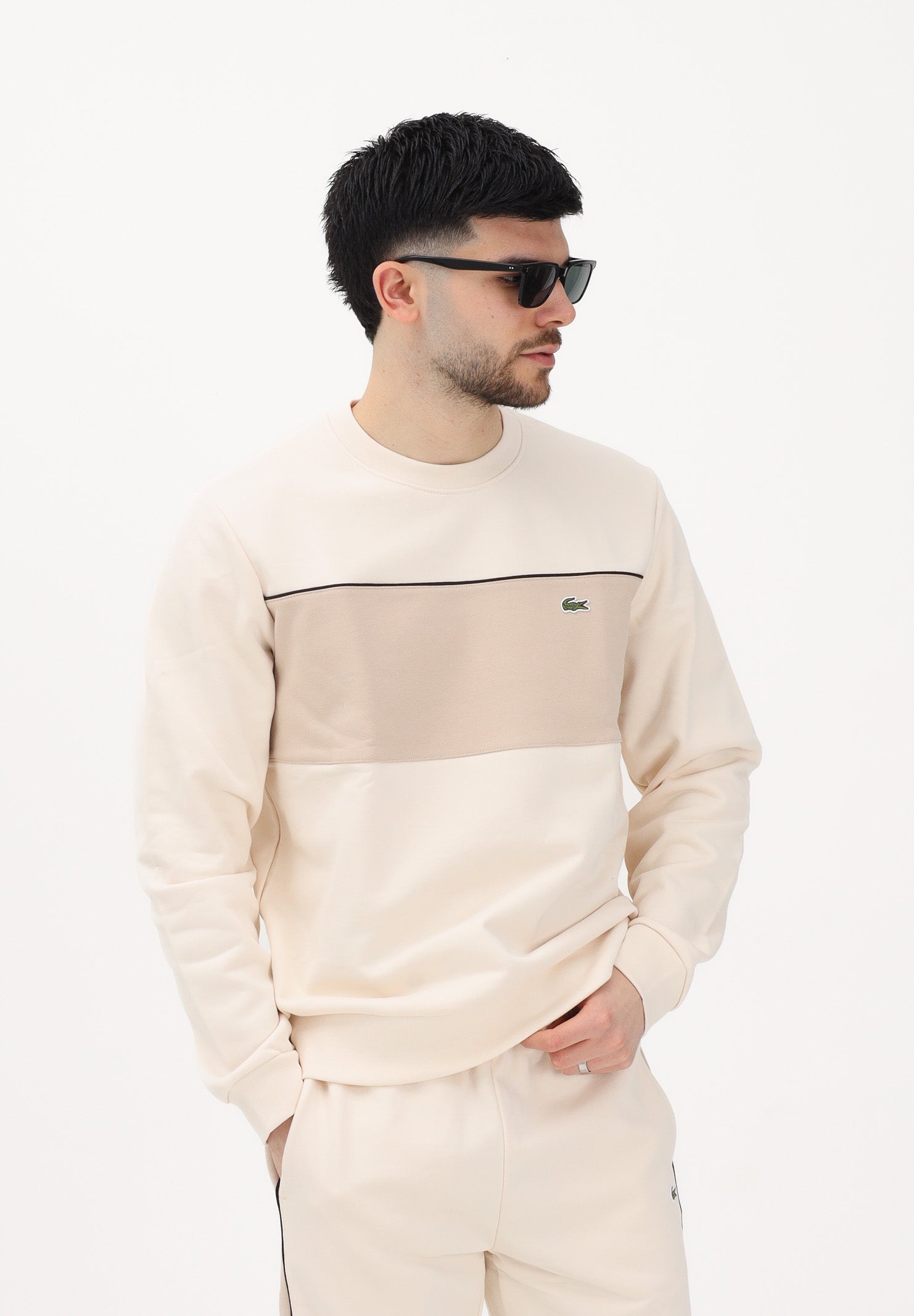 LACOSTE Felpa girocollo beige da uomo con motivo color block SH0887 3RR LACOSTE 