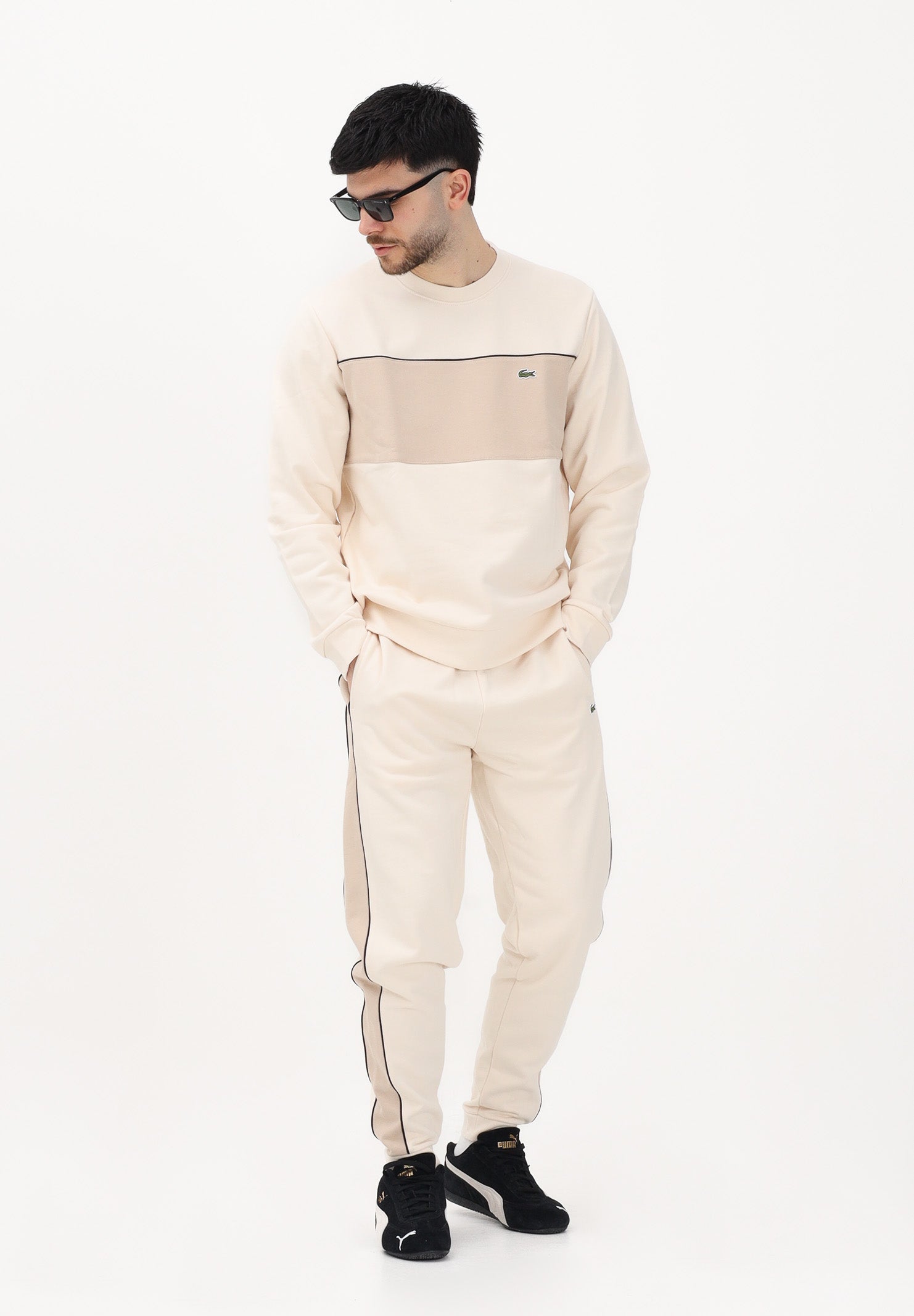 LACOSTE Felpa girocollo beige da uomo con motivo color block SH0887 3RR LACOSTE 