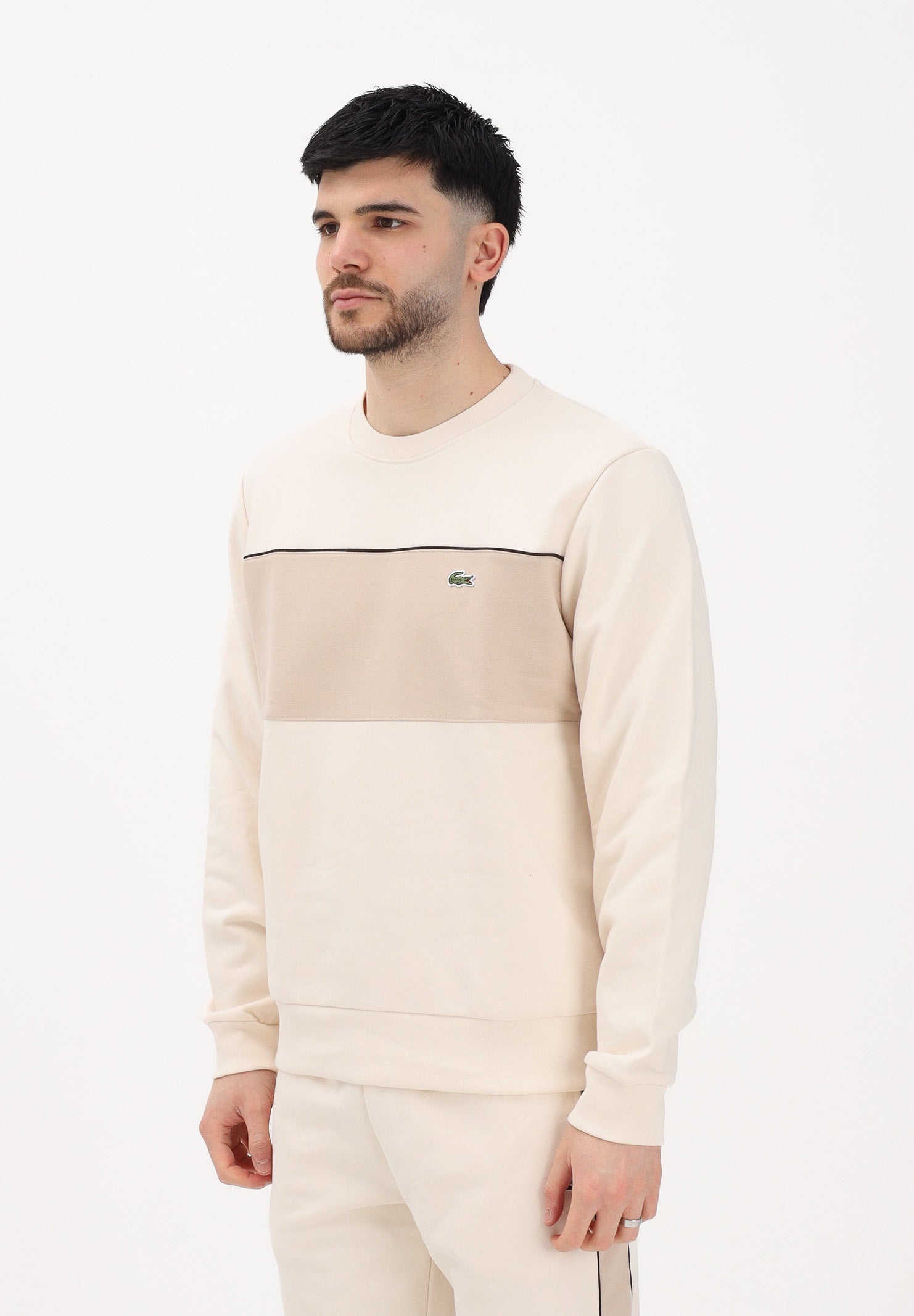 LACOSTE Felpa girocollo beige da uomo con motivo color block SH0887 3RR LACOSTE 