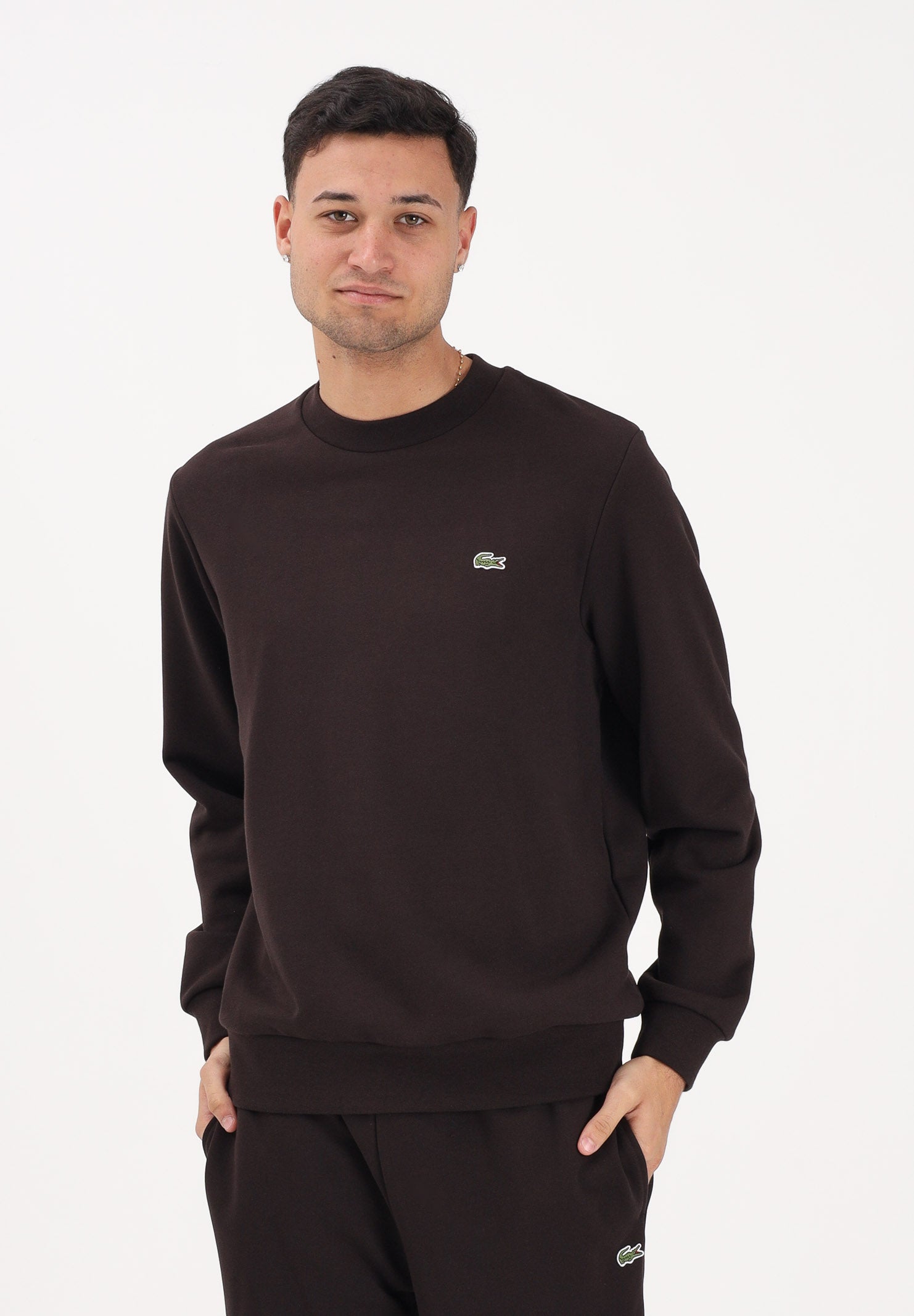 LACOSTE Felpa girocollo marrone per uomo e donna con patch coccodrillo SH9801 3LA LACOSTE 