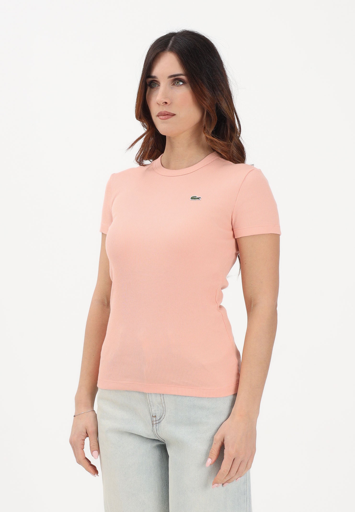 LACOSTE T-shirt a manica corta rosa pesca da donna in cotone a costine TF5538 UI2 LACOSTE 