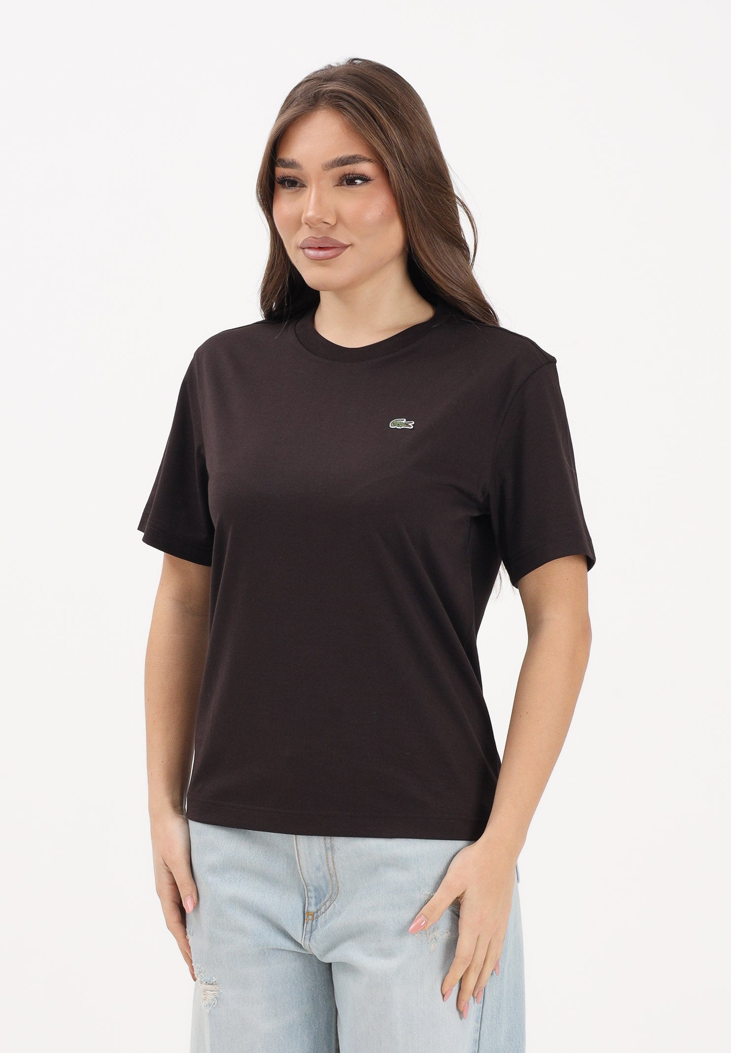 LACOSTE T-shirt a manica corta marrone da donna con patch logo TF7215 3LA LACOSTE 