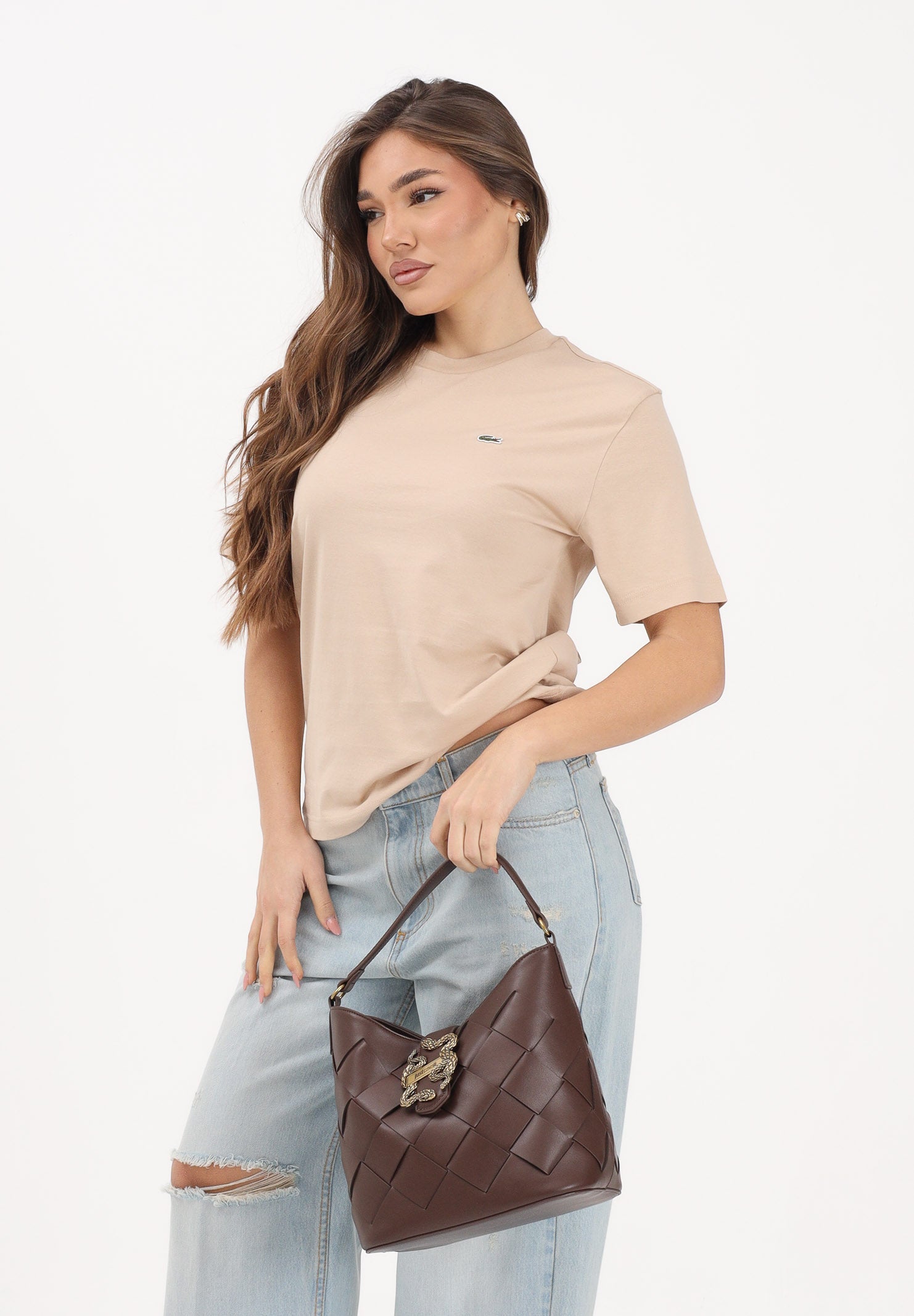 LACOSTE T-shirt a manica corta beige da donna con patch logo TF7215 X6F LACOSTE 