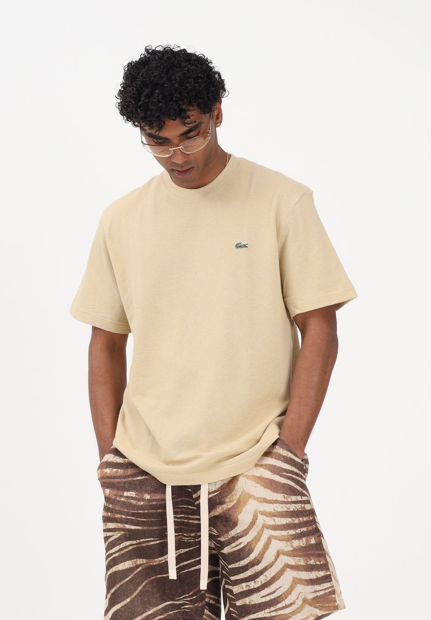LACOSTE T-shirt a manica corta beige da uomo in piqué pesante di cotone e lino TH0629 8XF LACOSTE 